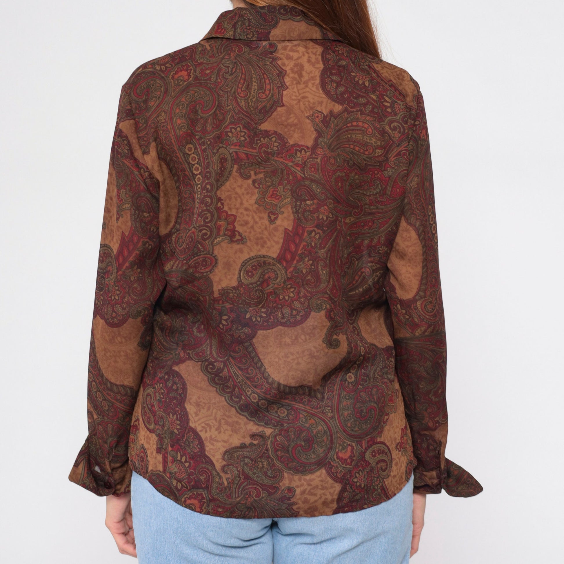 90s Kasper Paisley Button-Up Blouse Brown Long Sleeve Medium