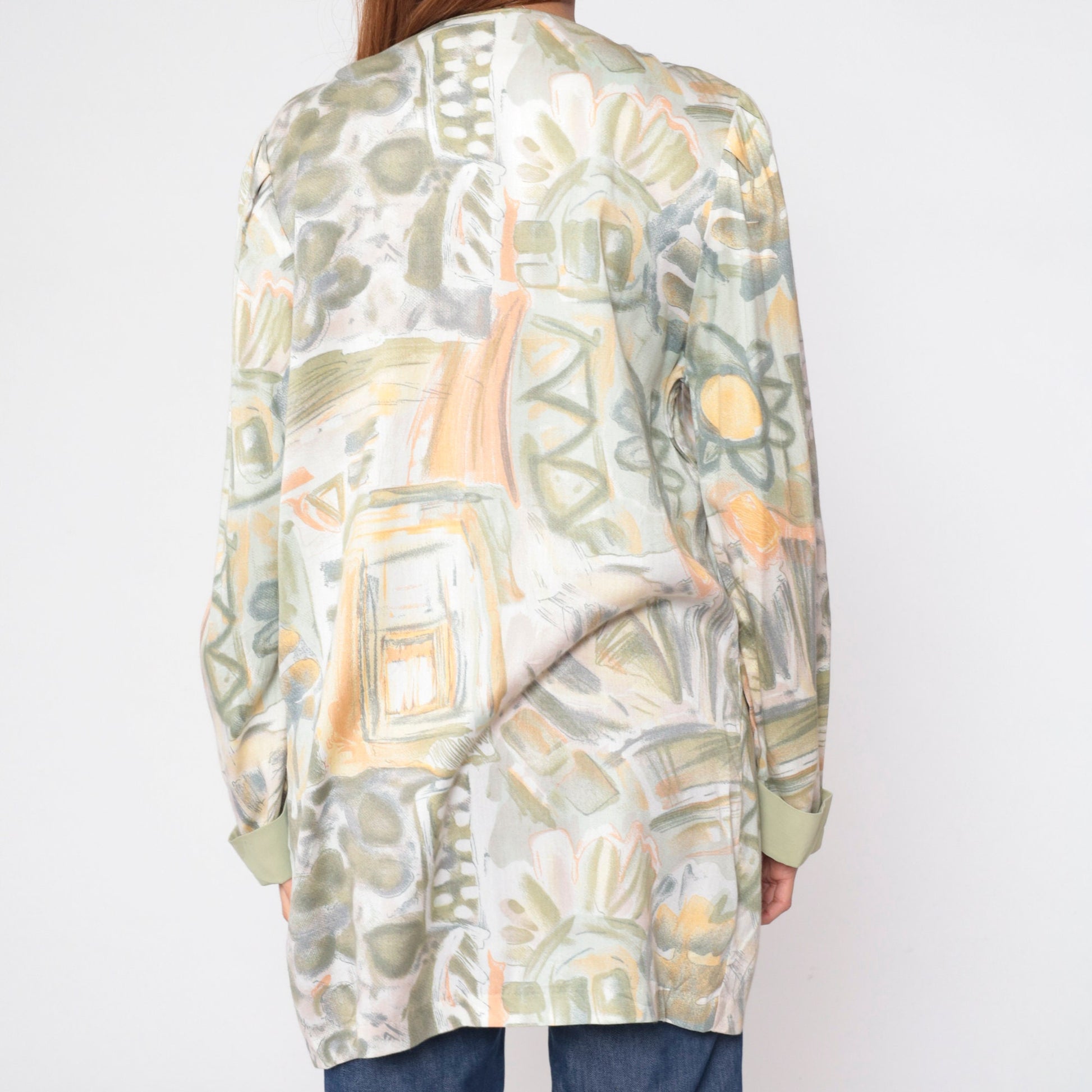 90s Abstract Floral Open Front Jacket Daisy Leaf Print Rayon Medium