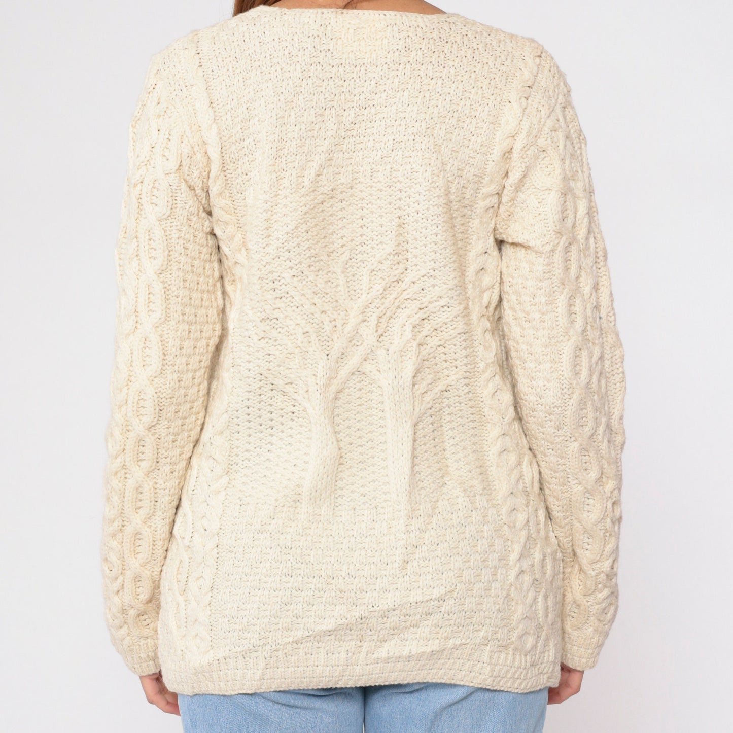 00s Kilronan Merino Wool Cable Knit Cardigan Cream Tree Print Medium M