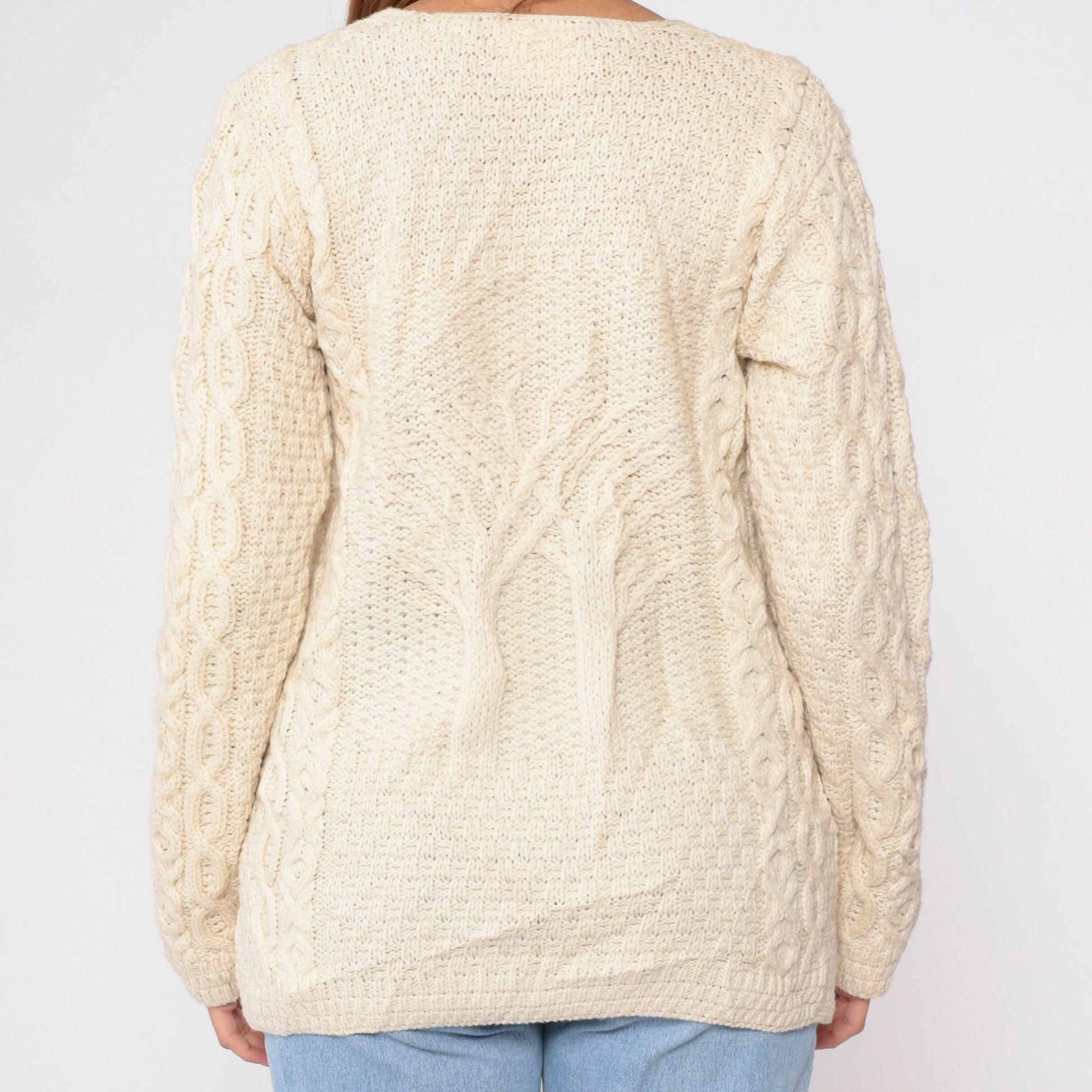 00s Kilronan Merino Wool Cable Knit Cardigan Cream Tree Print Medium M