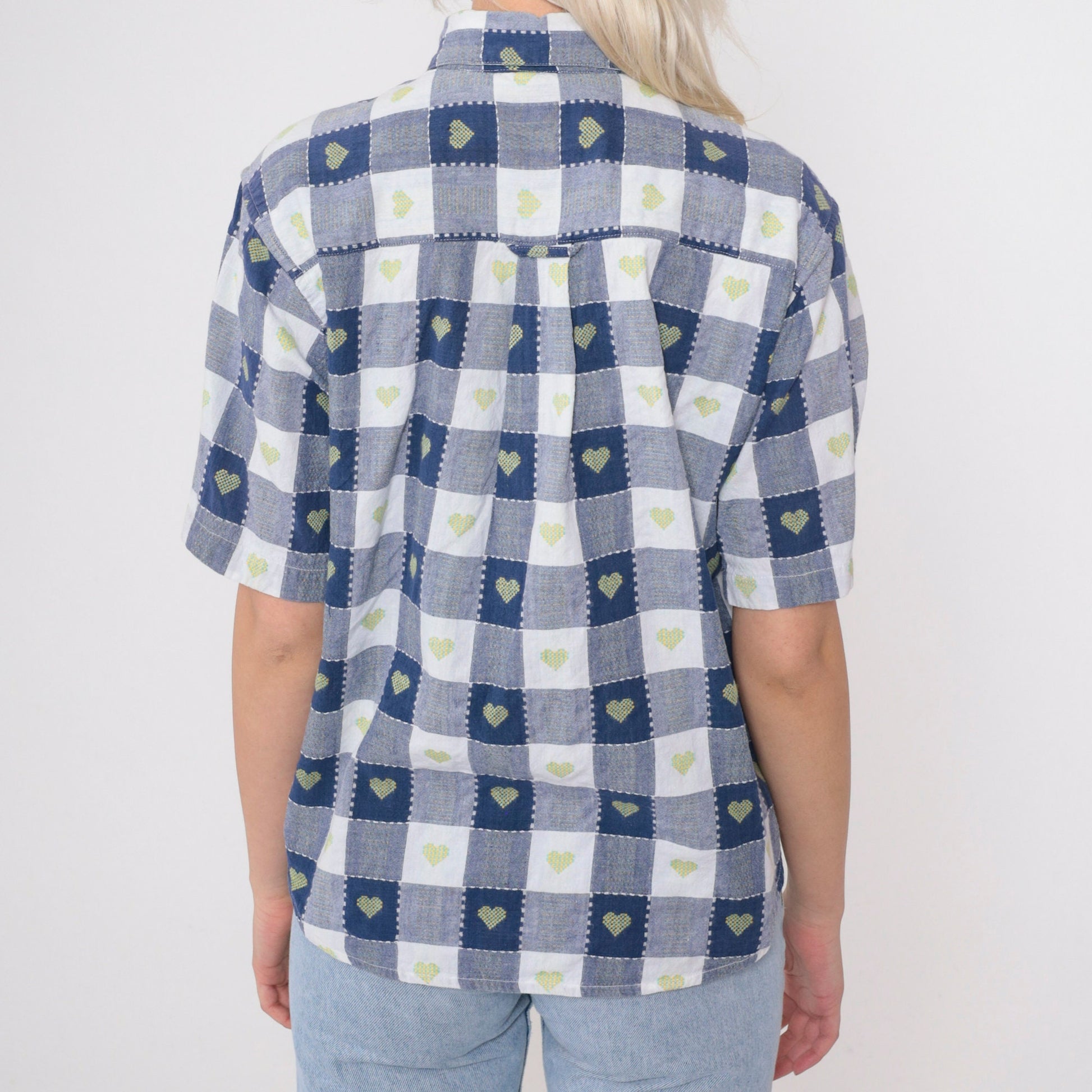 90s Blue Buffalo Plaid Shirt Embroidered Hearts Button Up Petite Medium