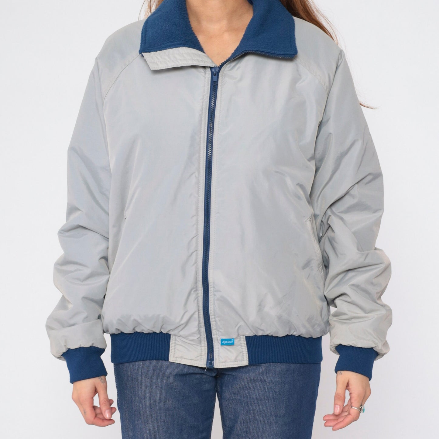 90s Grey Windbreaker Jacket Blue Fleece Lined Raglan Sleeve Large L
