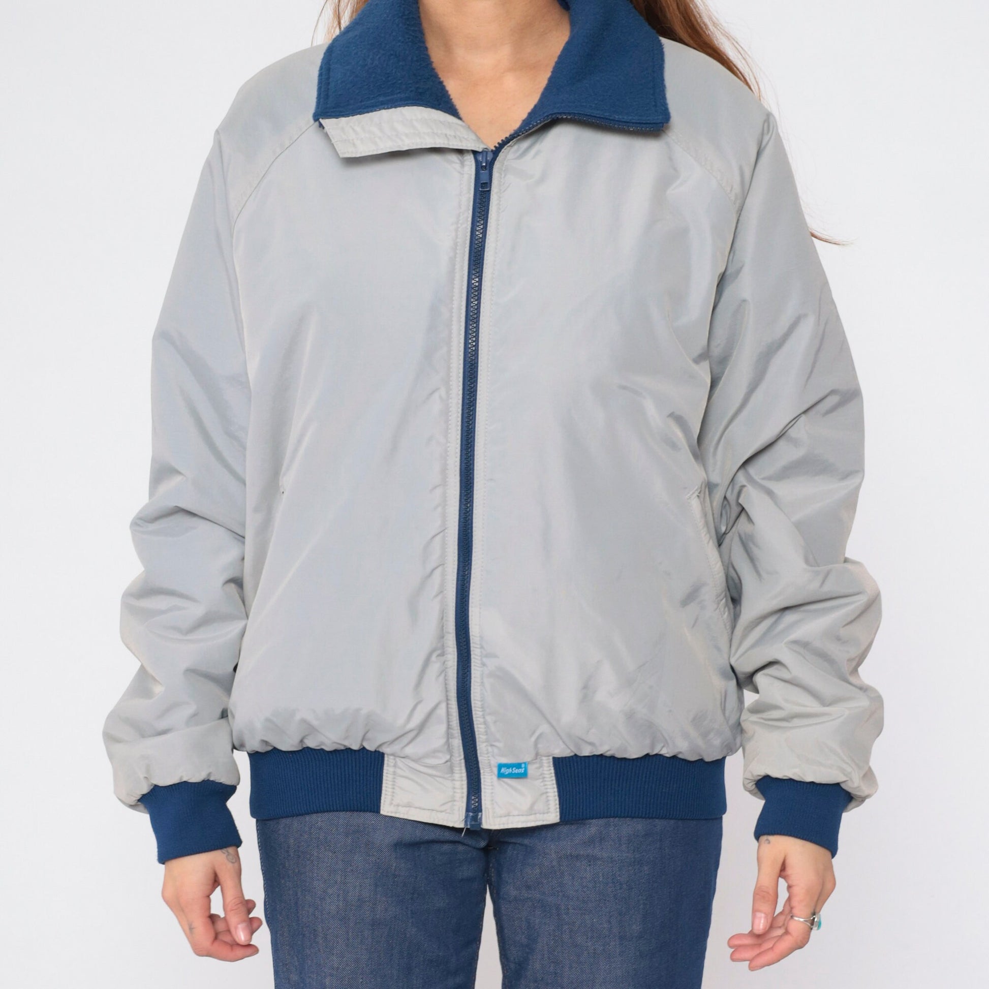 90s Grey Windbreaker Jacket Blue Fleece Lined Raglan Sleeve Large L