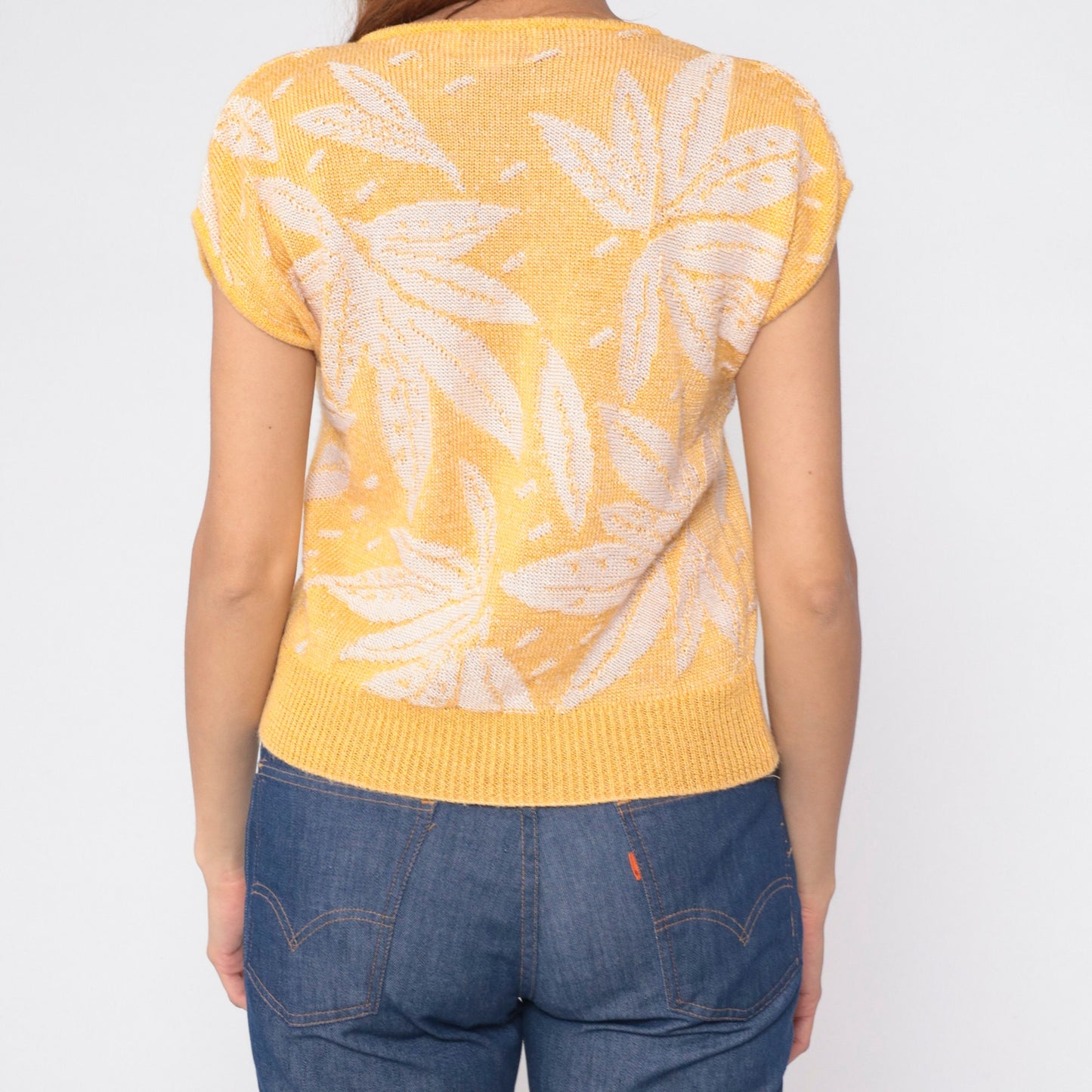 80s The Villager Petites Floral Knit Sweater Yellow Cap Sleeve Small