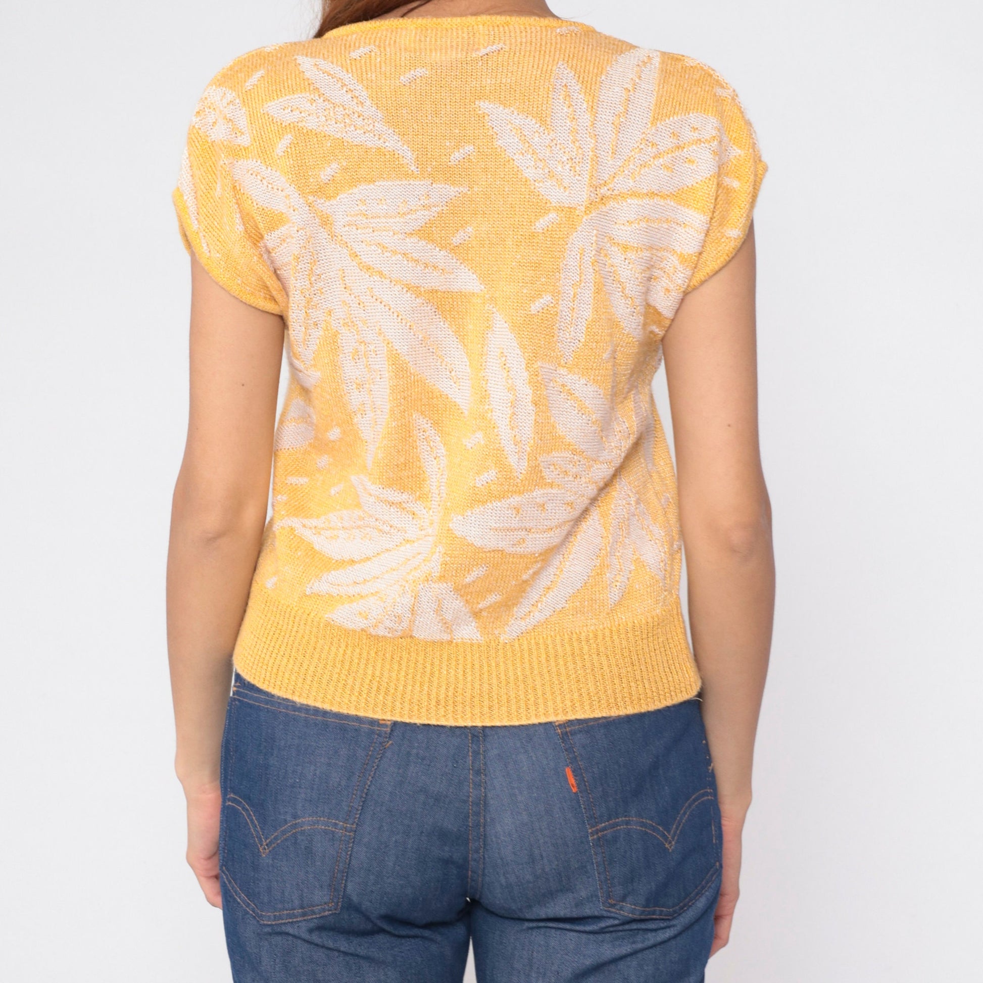 80s The Villager Petites Floral Knit Sweater Yellow Cap Sleeve Small