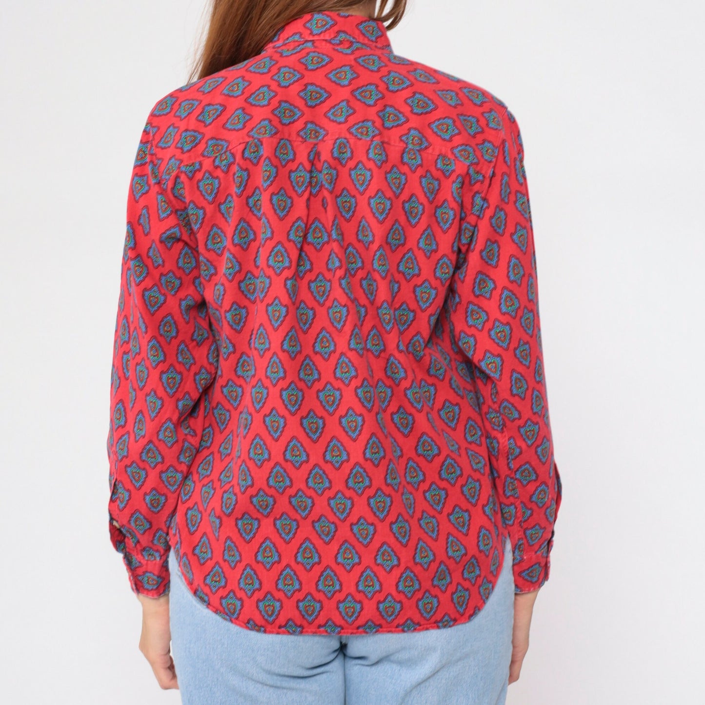 90s Heart Print Button-Up Blouse Red Floral Cotton Long Sleeve Medium M