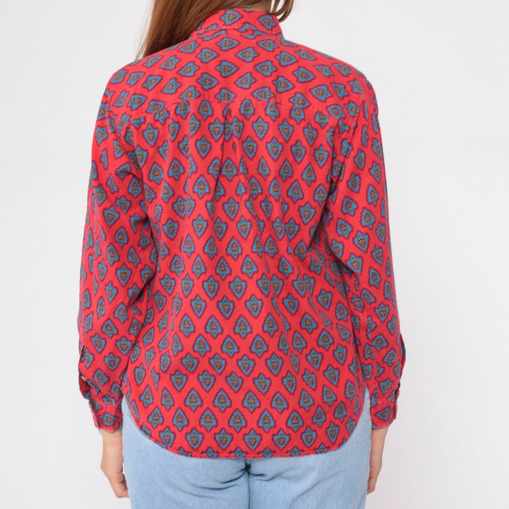 90s Heart Print Button-Up Blouse Red Floral Cotton Long Sleeve Medium M