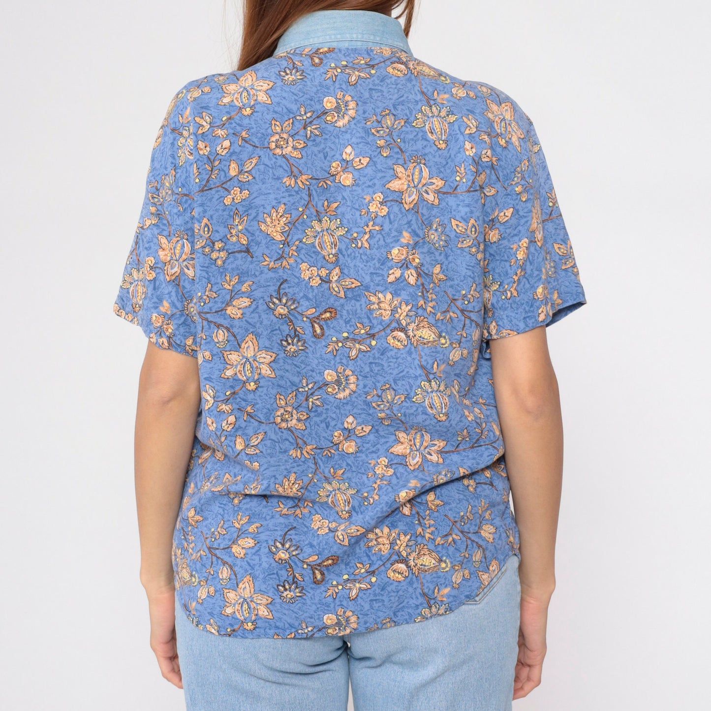 90s Blue Floral Button-Up Blouse Denim Collar Short Sleeve Small S