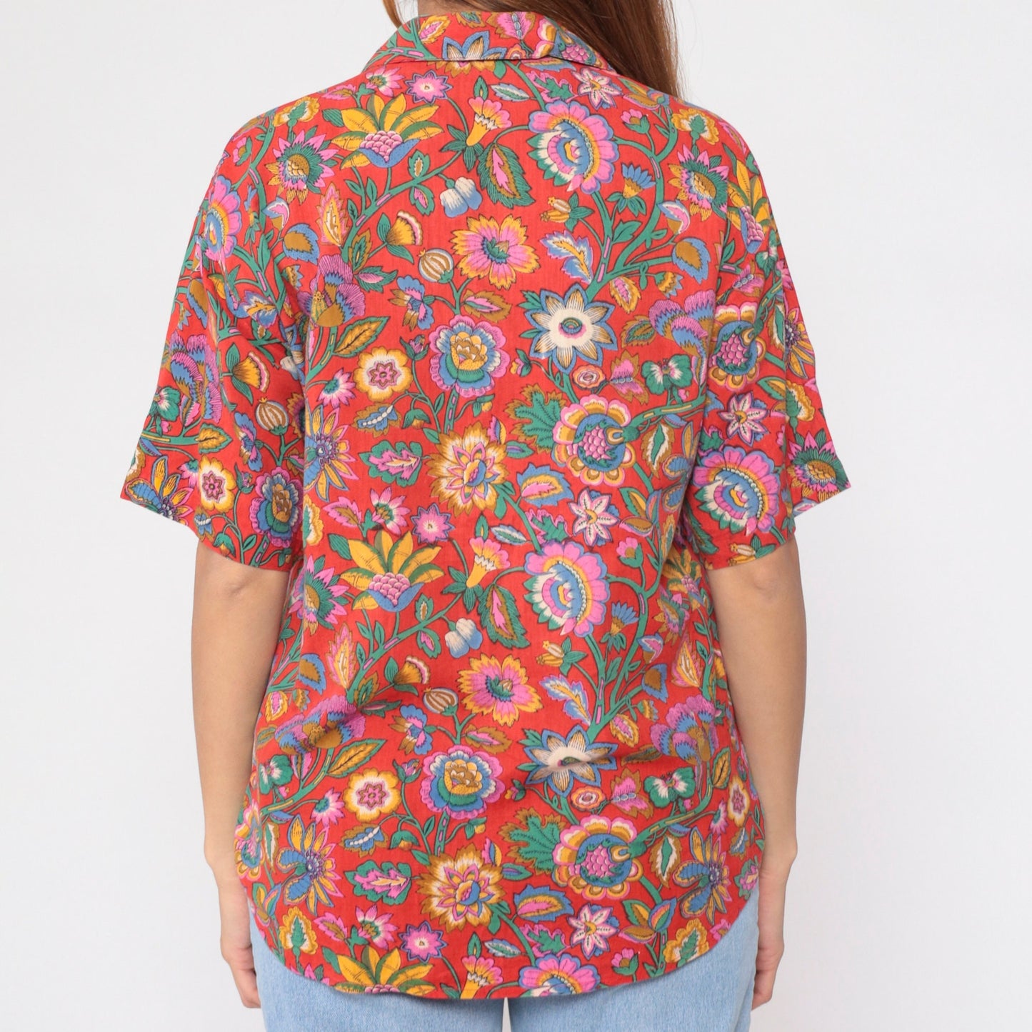 90s Indian Floral Red Button-Up Blouse Short Sleeve Cotton Rayon Medium M