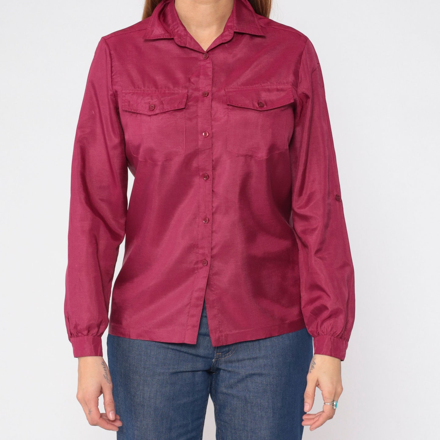 70s Berry Red Button-Up Blouse Long Sleeve Collared Shirt Chest Pockets Small S