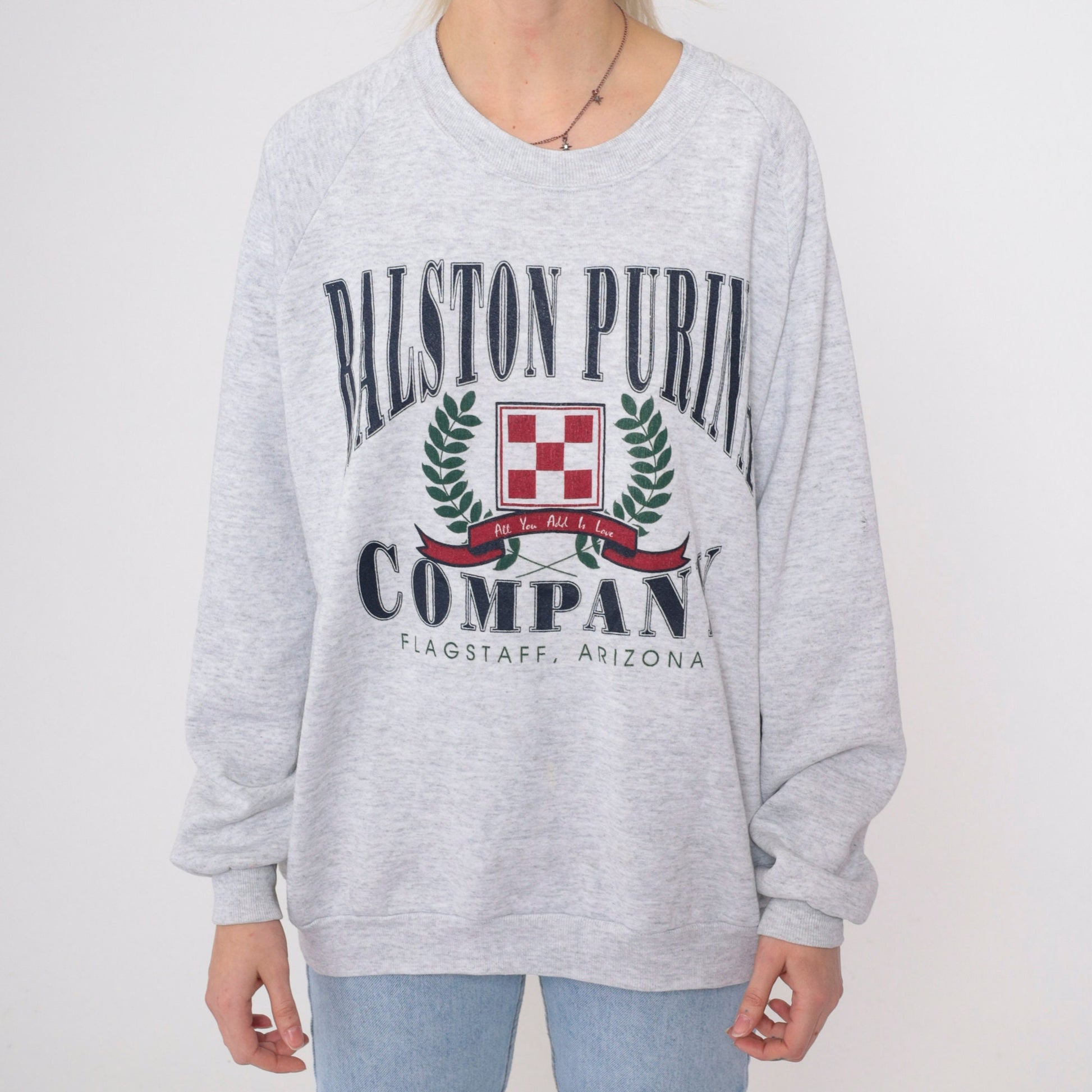 90s Ralston Purina Flagstaff Arizona Logo Sweatshirt Heather Grey Raglan Extra Large XXL