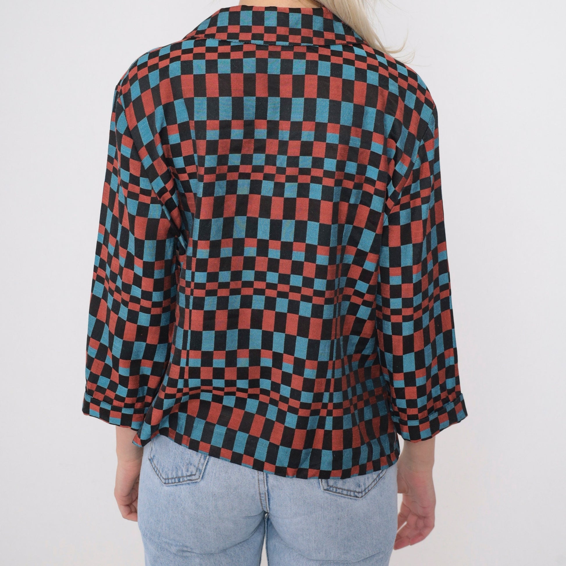 90s Checkered Blazer Black Blue Burnt Orange Op Art Print Medium
