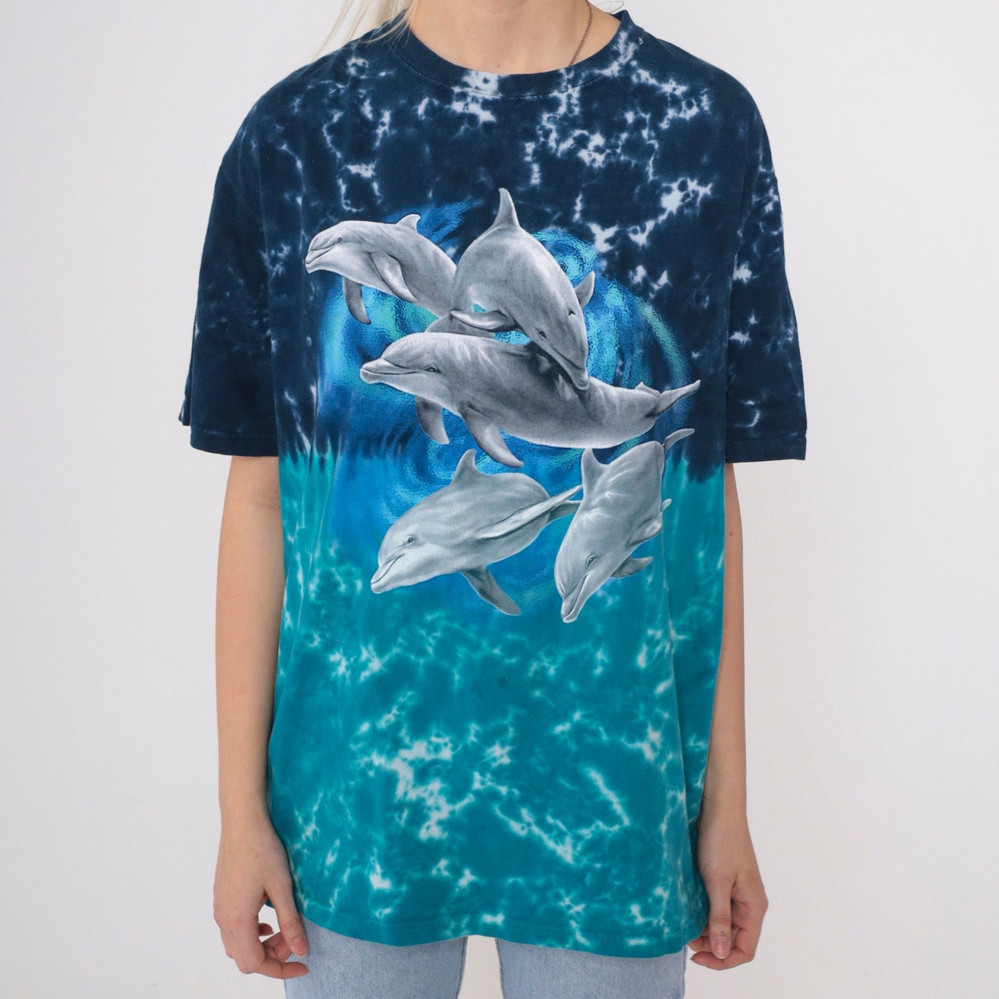Y2K Sea World San Antonio Tie Dye Dolphin Graphic Tee Blue Cotton Medium