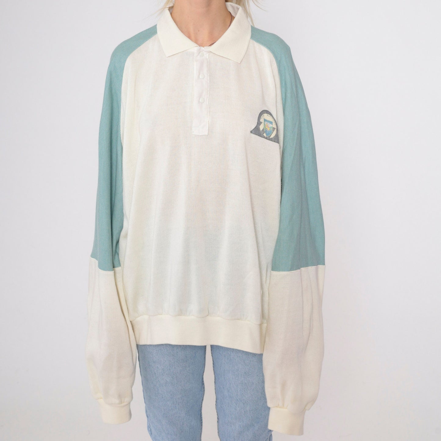 80s High Altitude Castle Mountain Raglan Sweatshirt Cream Striped Sleeve XXL