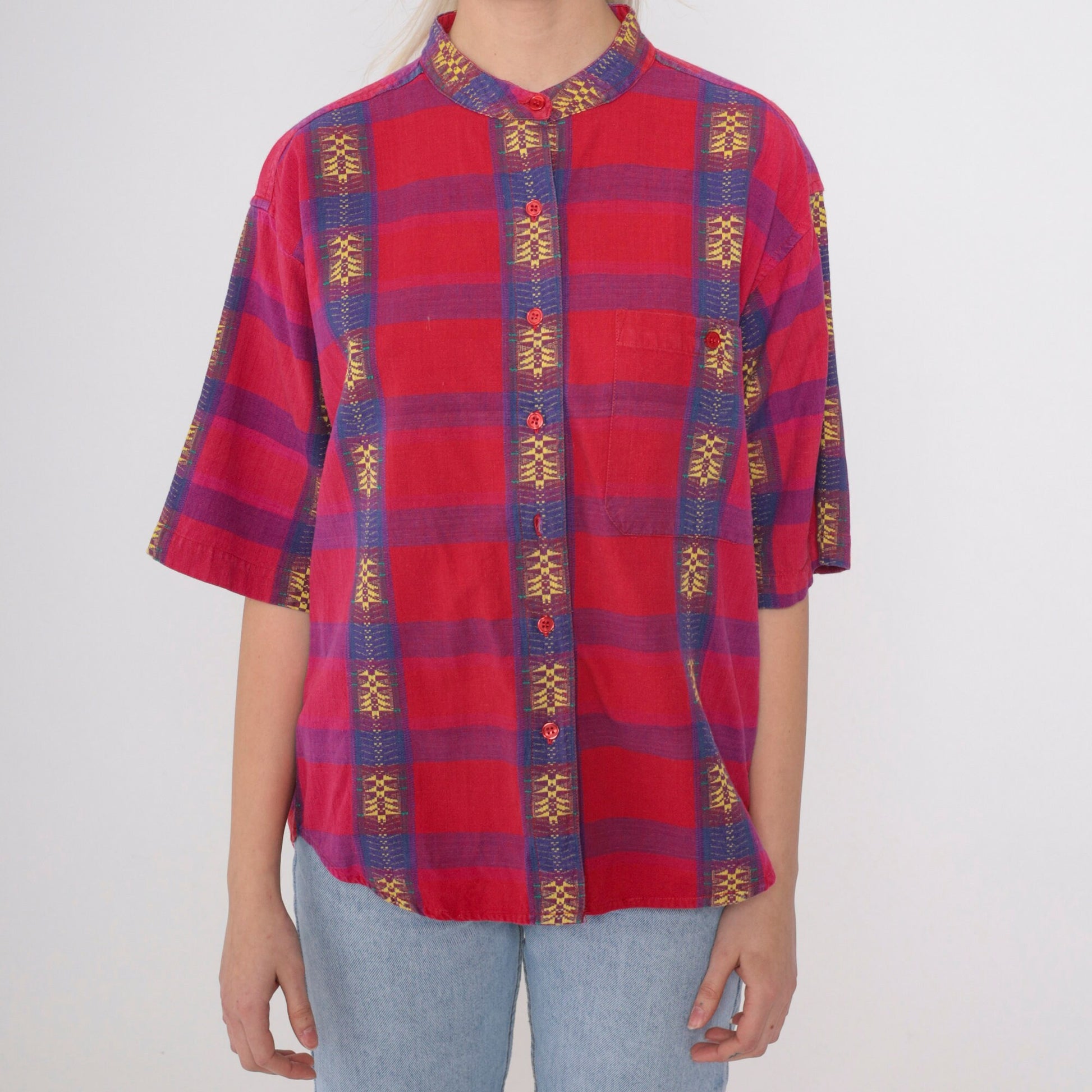 90s Backroad Blues Checkered Shirt Red Purple Geometric Embroidery Mandarin Collar Small