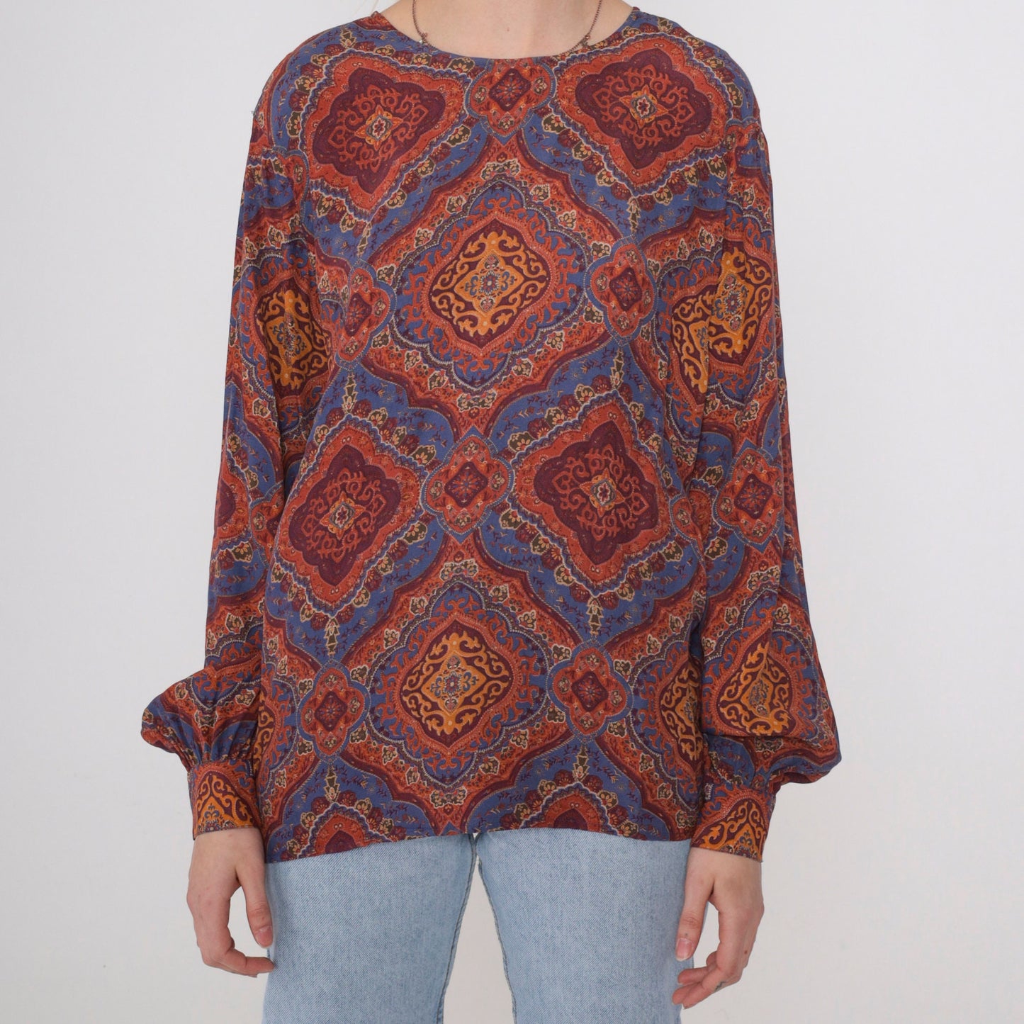 90s Liz Claiborne Geometric Print Blouse Back Button Long Sleeve Small 6