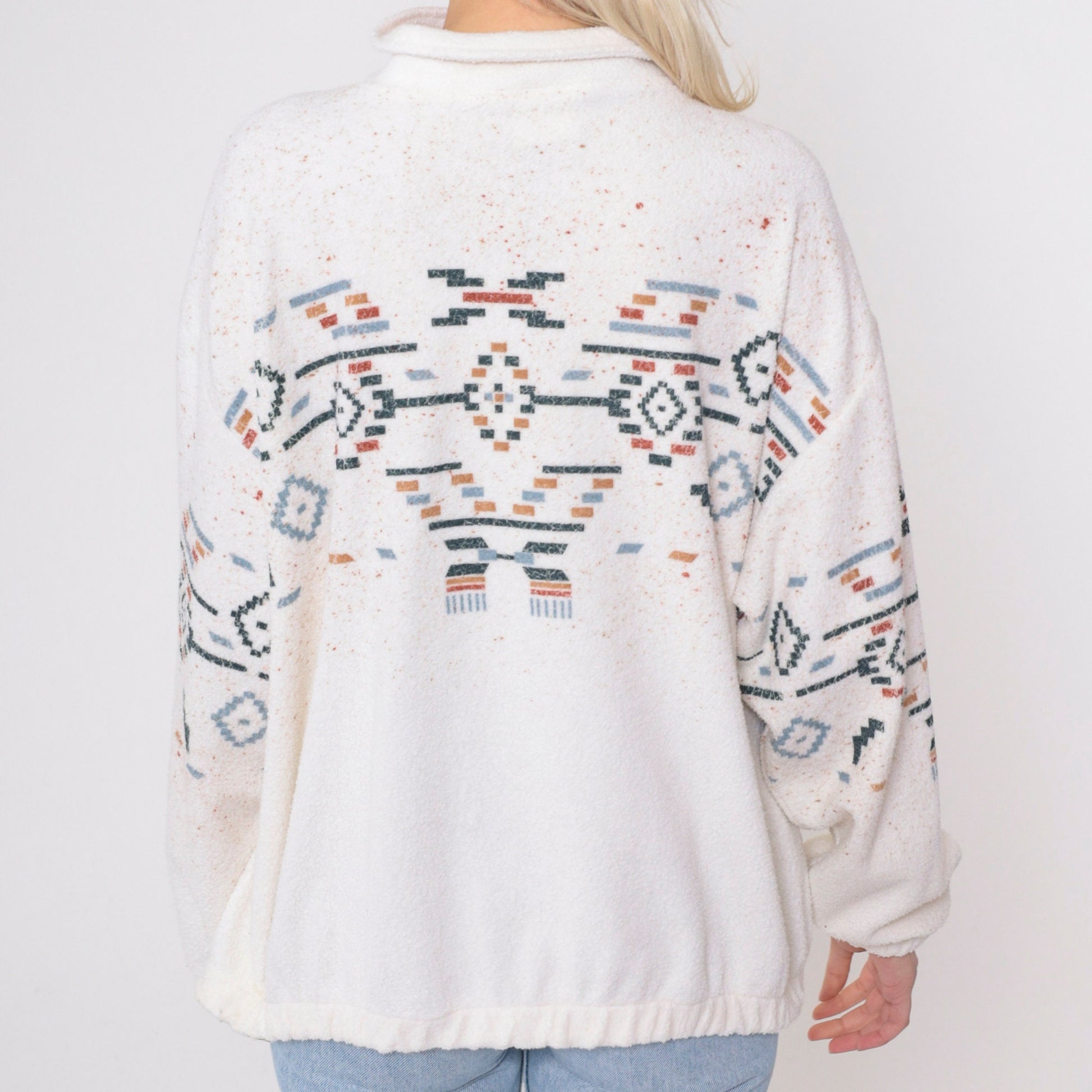 90s Art Unlimited Wyoming Southwestern Fleece Sweatshirt White Quarter Zip Large