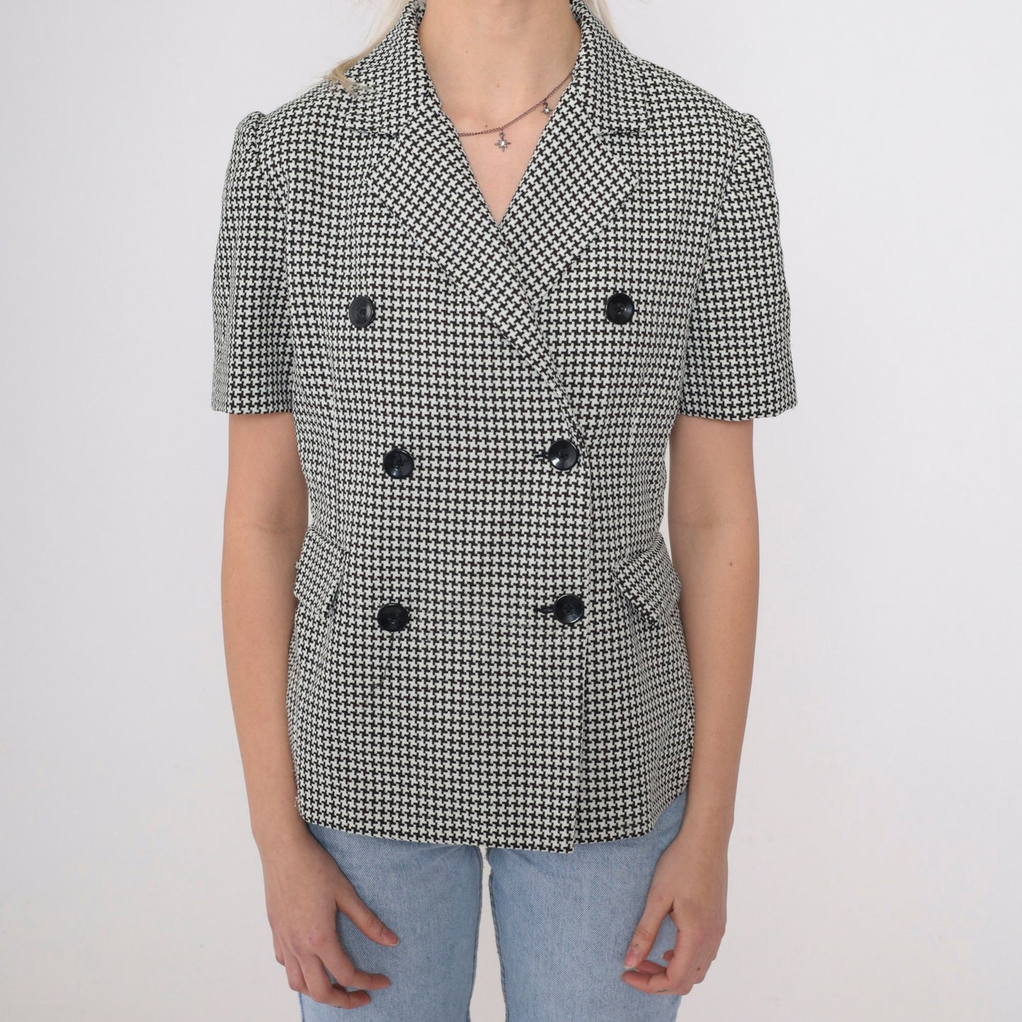 90s Houndstooth Double Breasted Blouse Black White Checkered Button Up Small