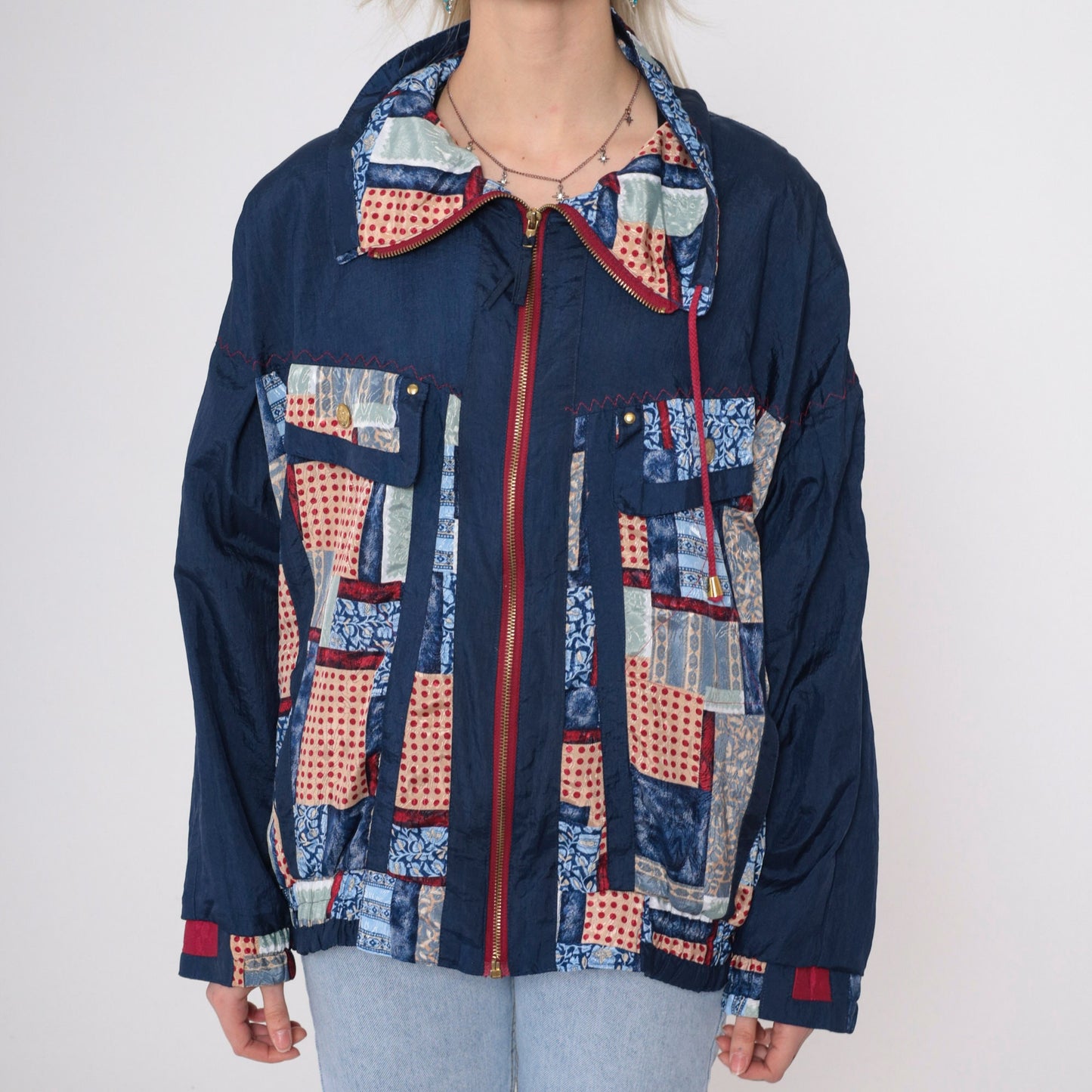 90s Patchwork Windbreaker Blue Zip Jacket Floral Geometric Polka Dot Large L