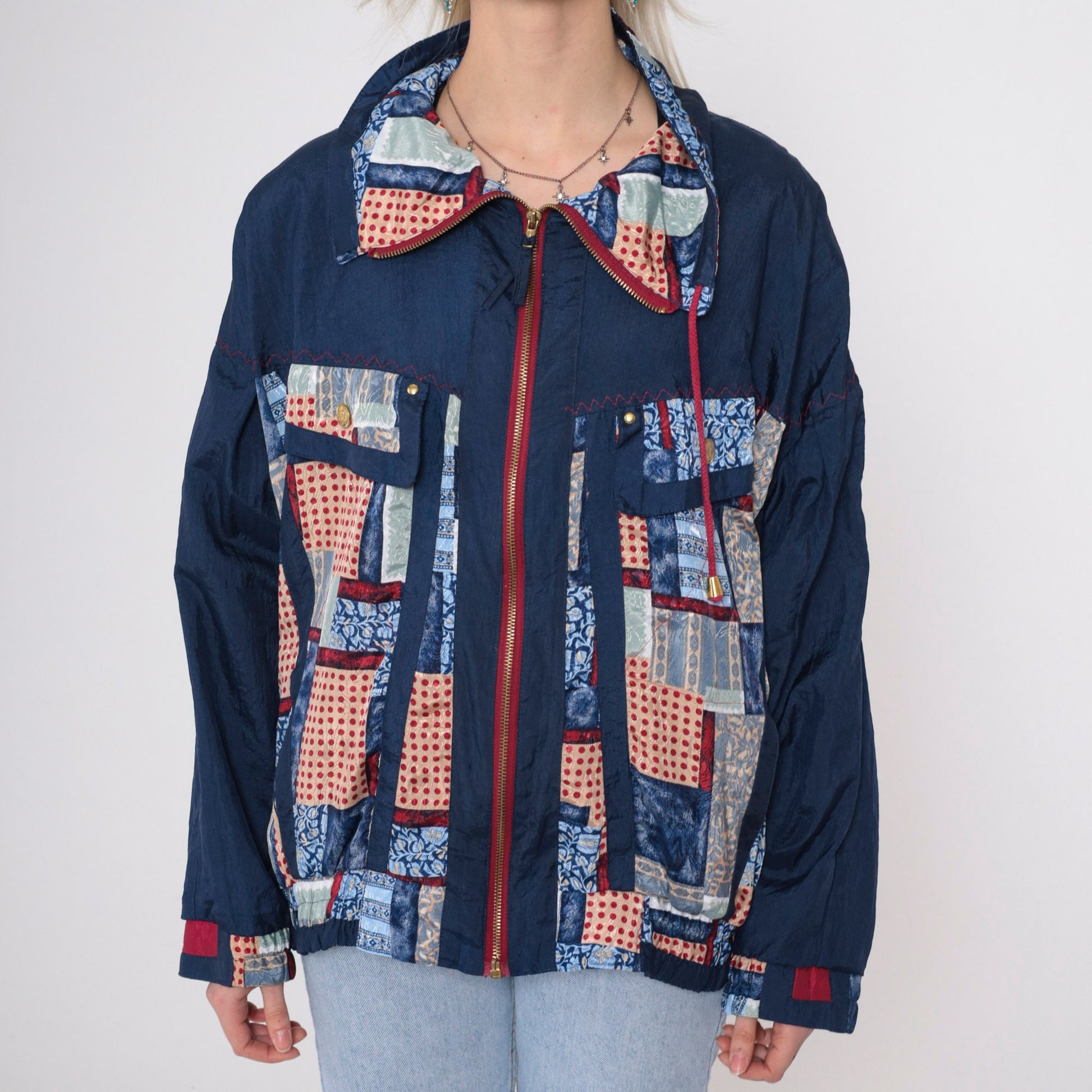 90s Patchwork Windbreaker Blue Zip Jacket Floral Geometric Polka Dot Large L