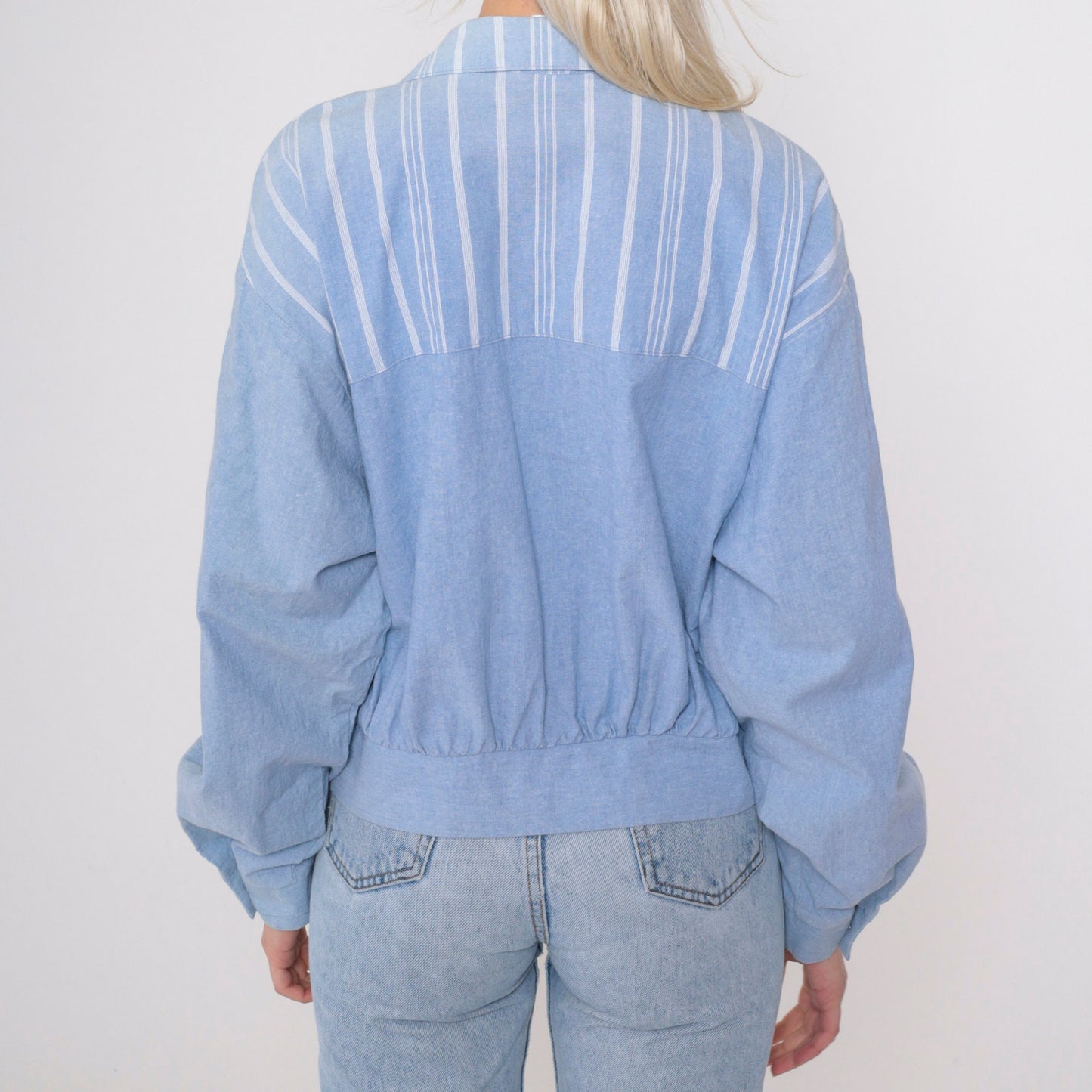 90s Ali Miles Chambray Blazer Blue Striped Deep V Neck Button Jacket Large