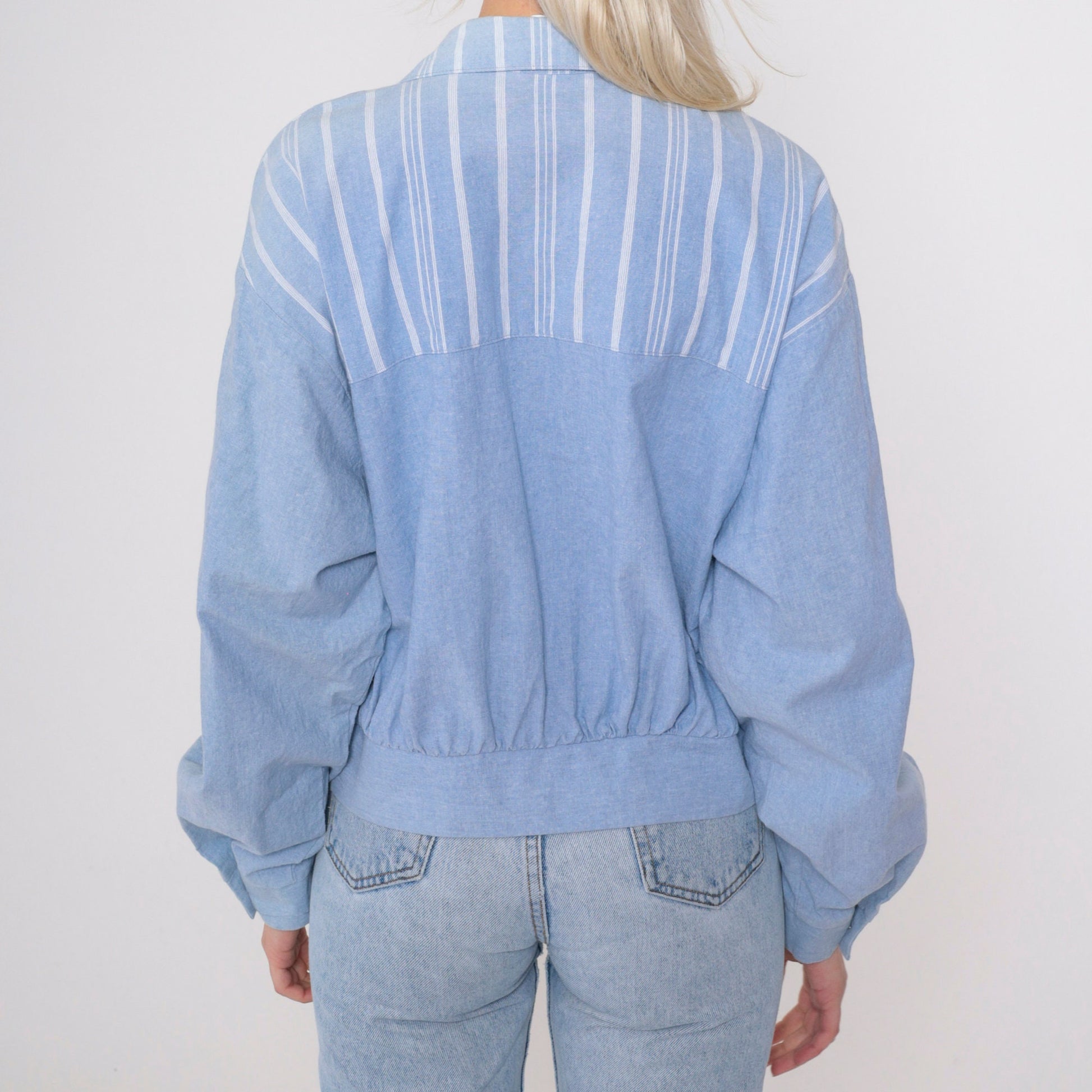90s Ali Miles Chambray Blazer Blue Striped Deep V Neck Button Jacket Large