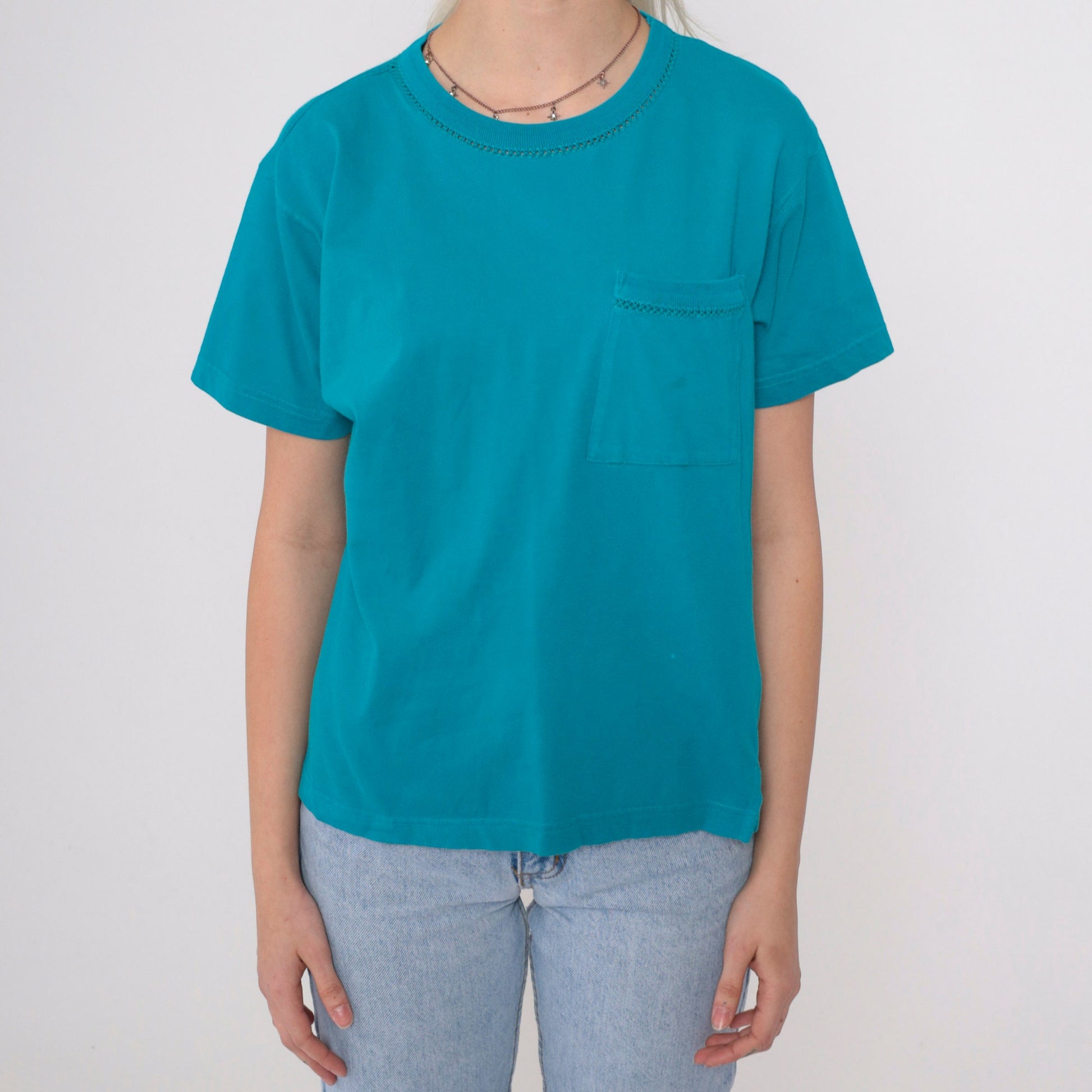90s Liz Claiborne Turquoise T-Shirt Chest Pocket Cutout Crewneck Small