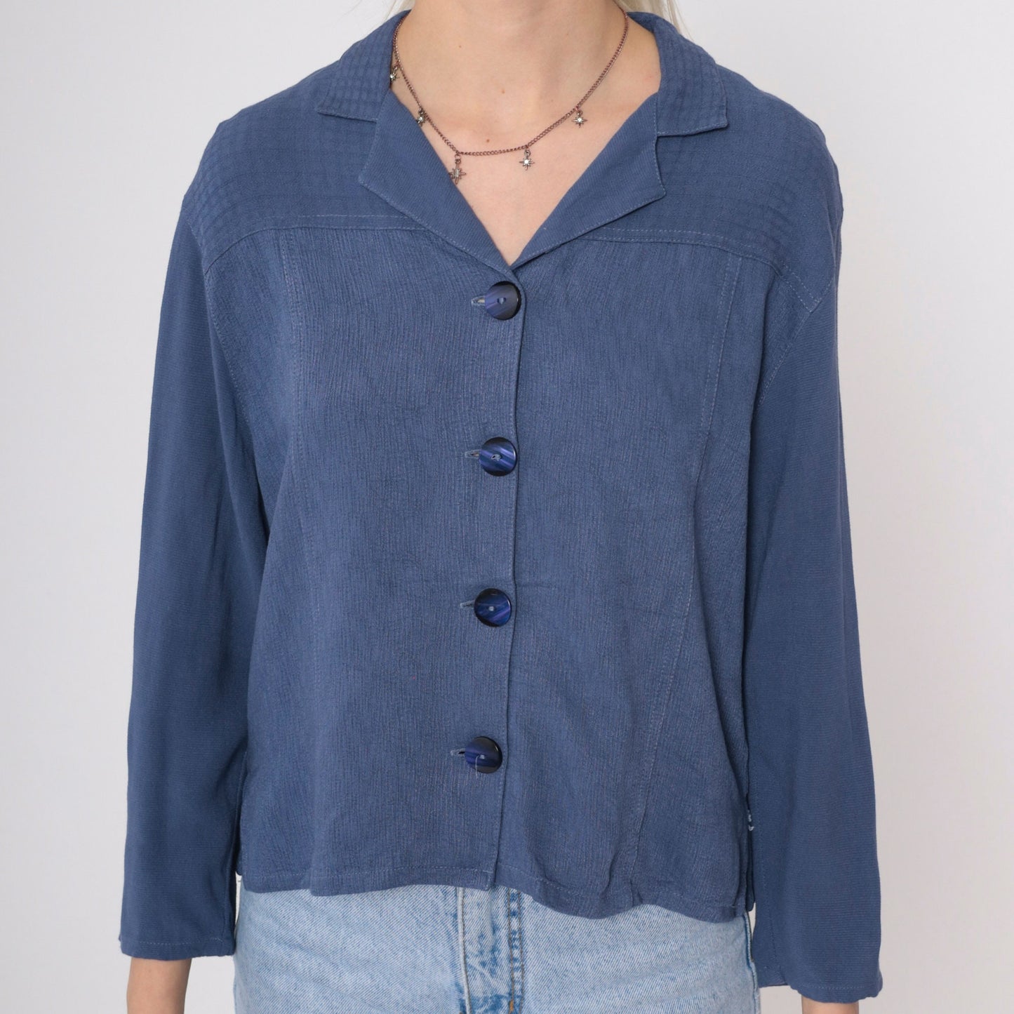 90s Blue Button Up Blouse Asian Chop Stamp Print Textured Yoke Small