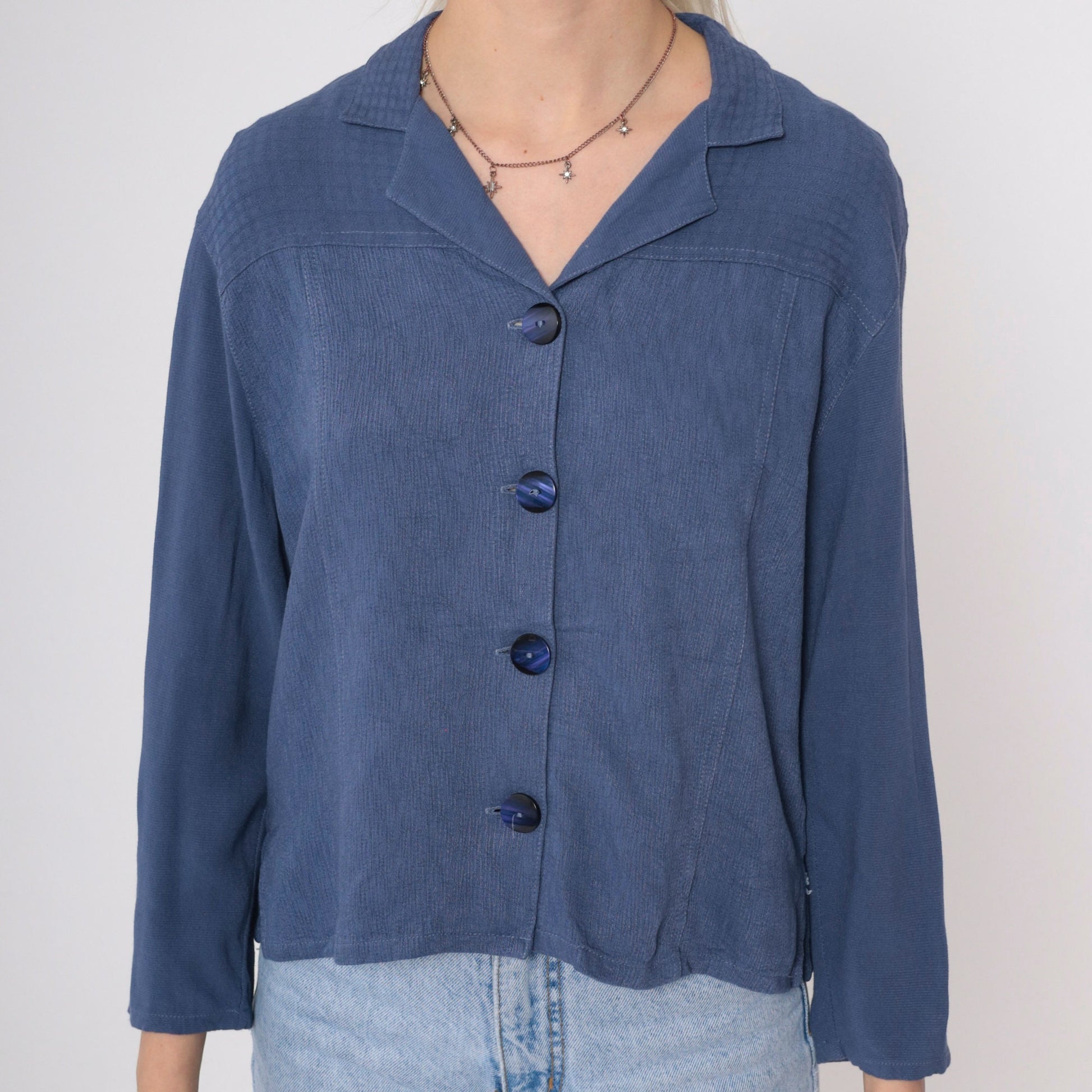 90s Blue Button Up Blouse Asian Chop Stamp Print Textured Yoke Small