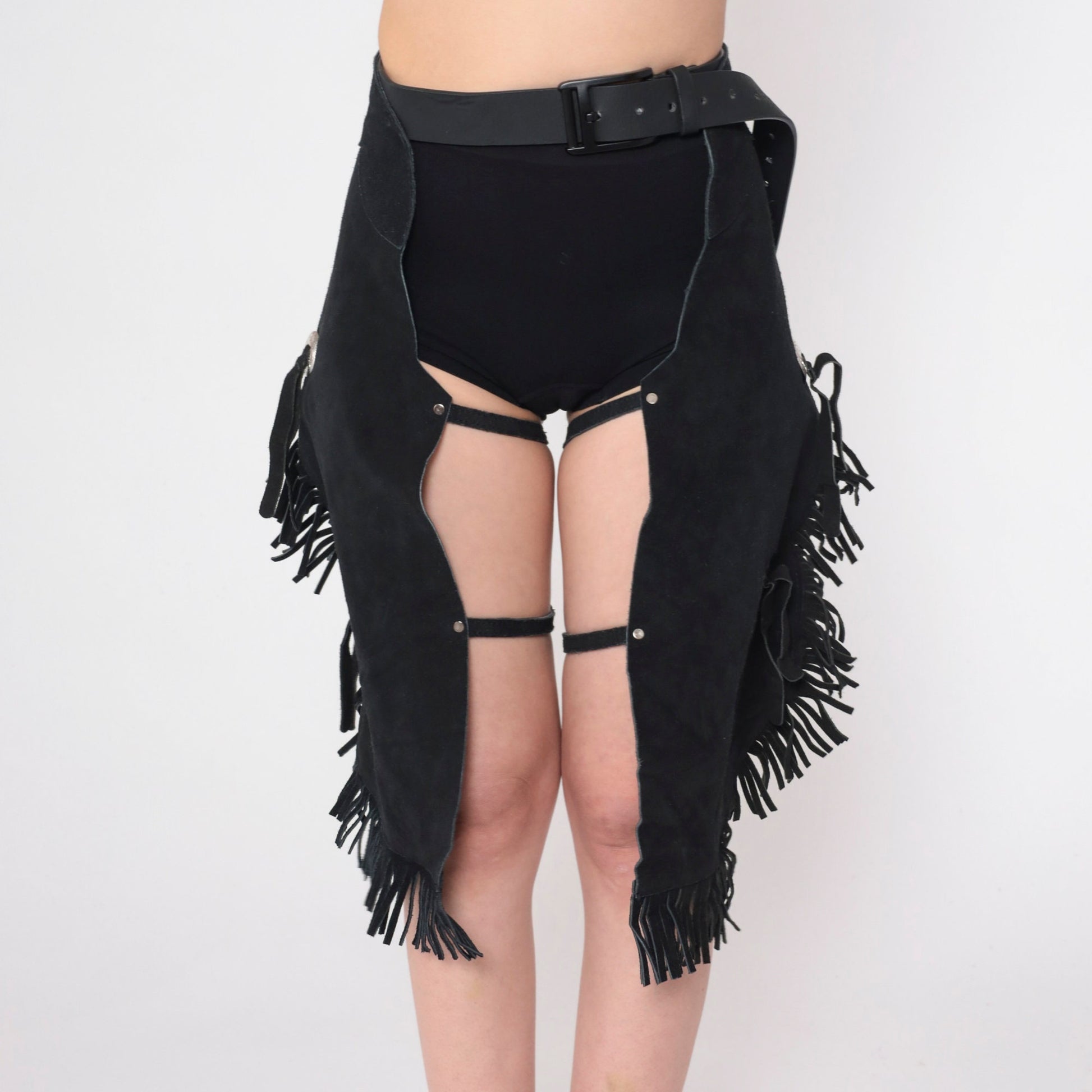 90s Black Suede Fringe Chaps Capri Length Concho Leg Straps Extra Small Medium