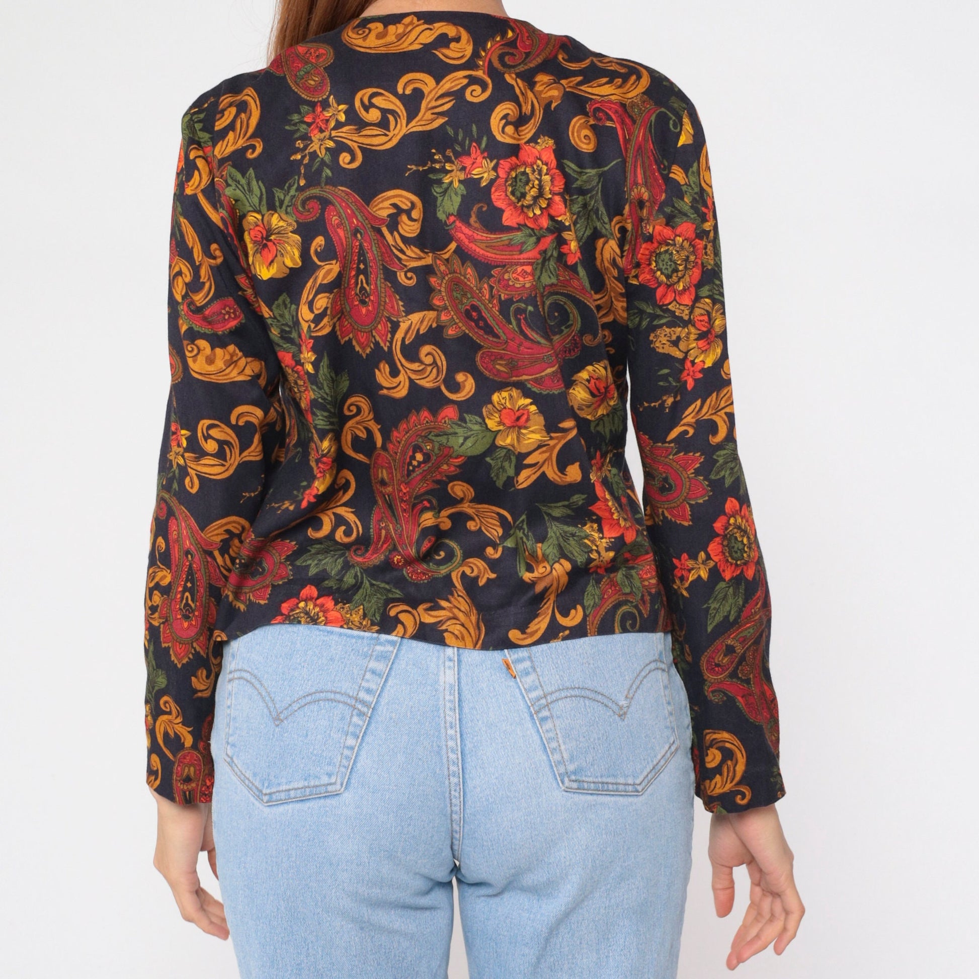 90s Norton McNaughton Paisley Floral Button-Up Blouse Black Gold Long Sleeve Medium