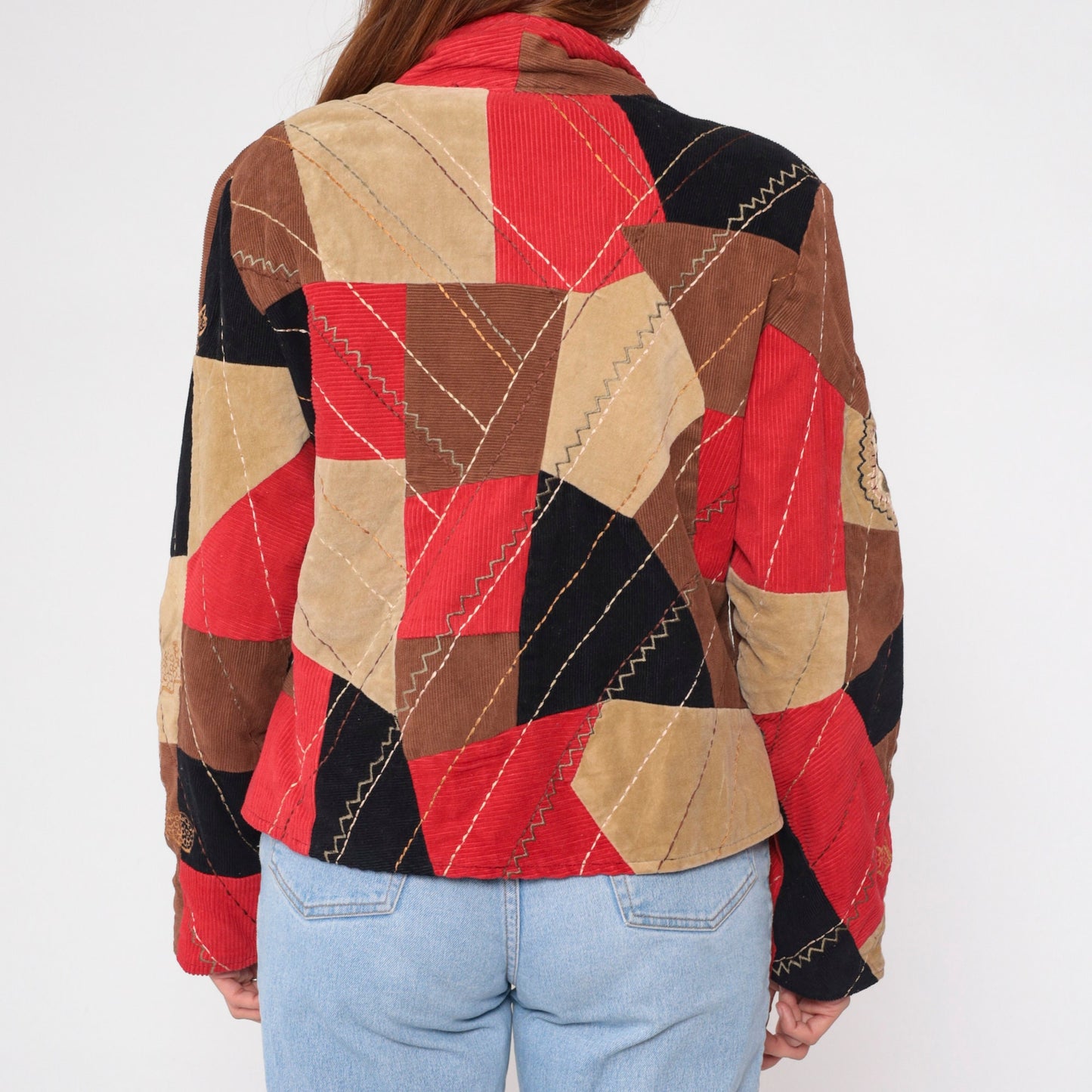 90s Patchwork Corduroy Blazer Floral Embroidered Button-Up Jacket Large L