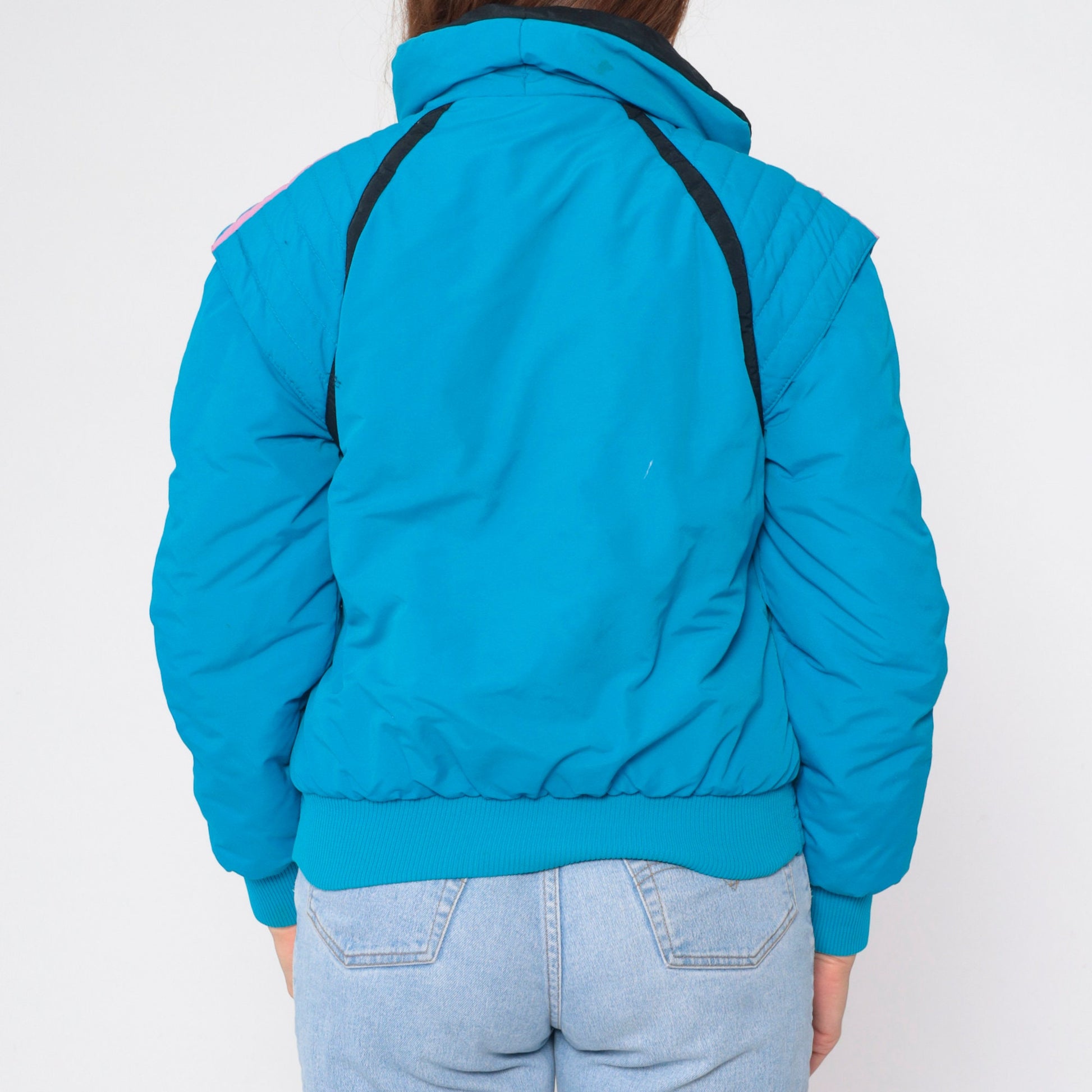 80s Bright Blue Puffer Ski Jacket Convertible Zip-Off Sleeves Vest Extra Small