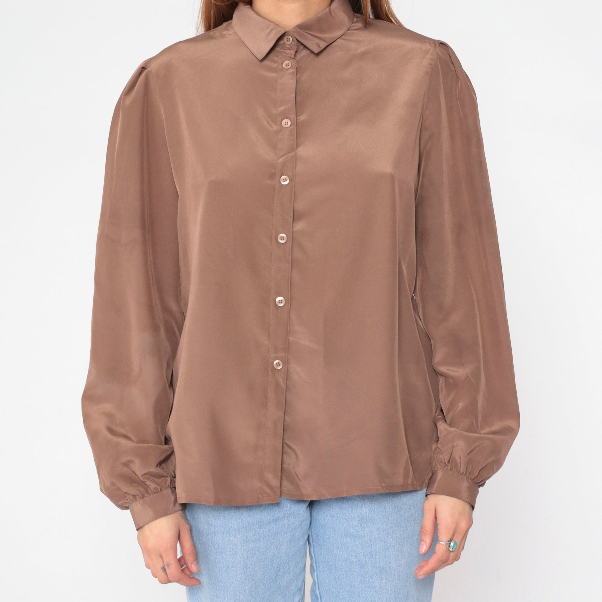 80s Regina Porter Puff Sleeve Blouse Mocha Brown Button Up Shirt Large