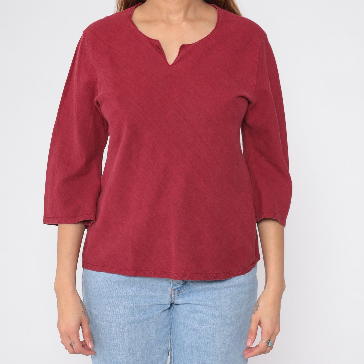 90s Burgundy Cutwork Blouse Floral Long Sleeve Tunic Small