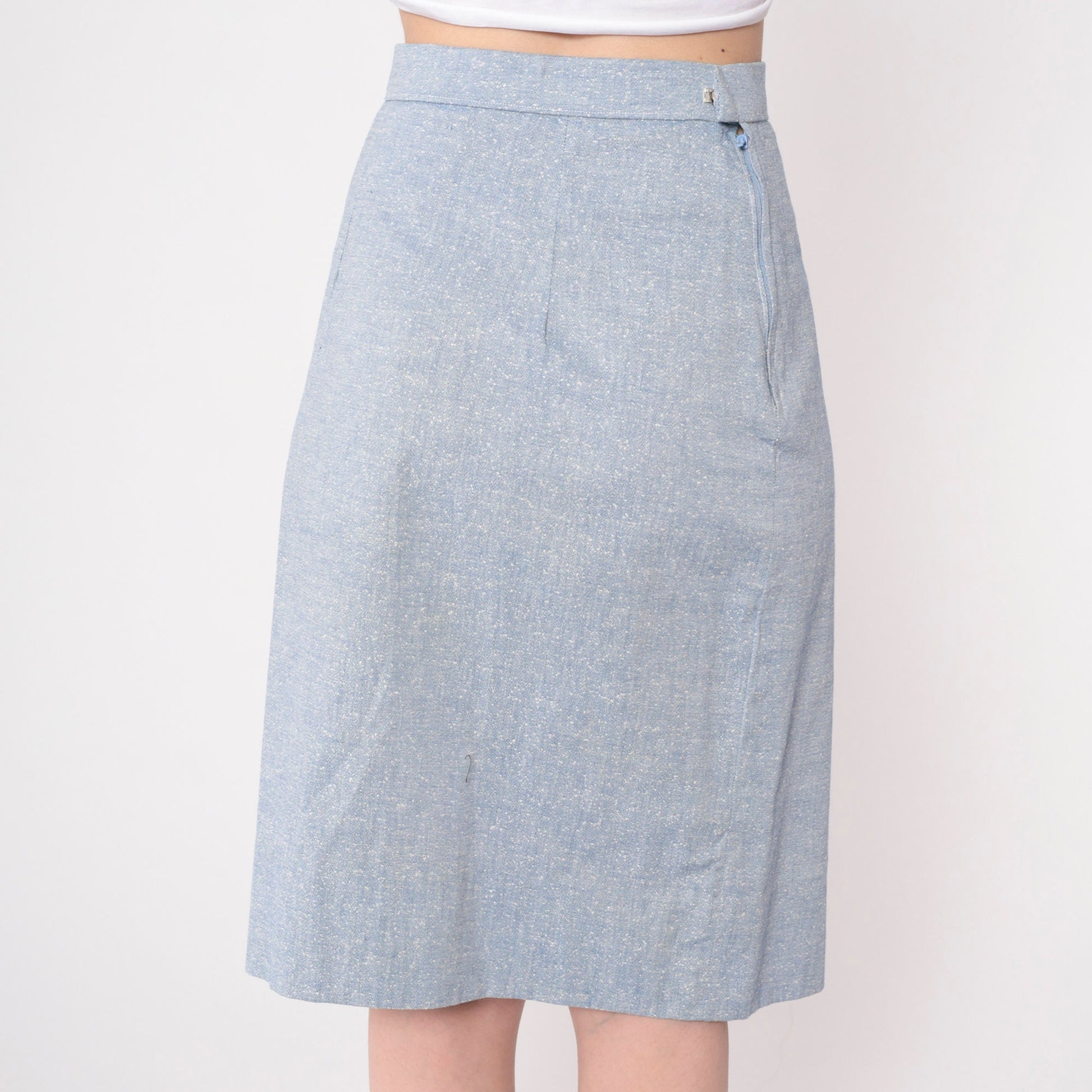 70s Light Blue Flecked Pencil Skirt High Waist Midi Extra Small XS