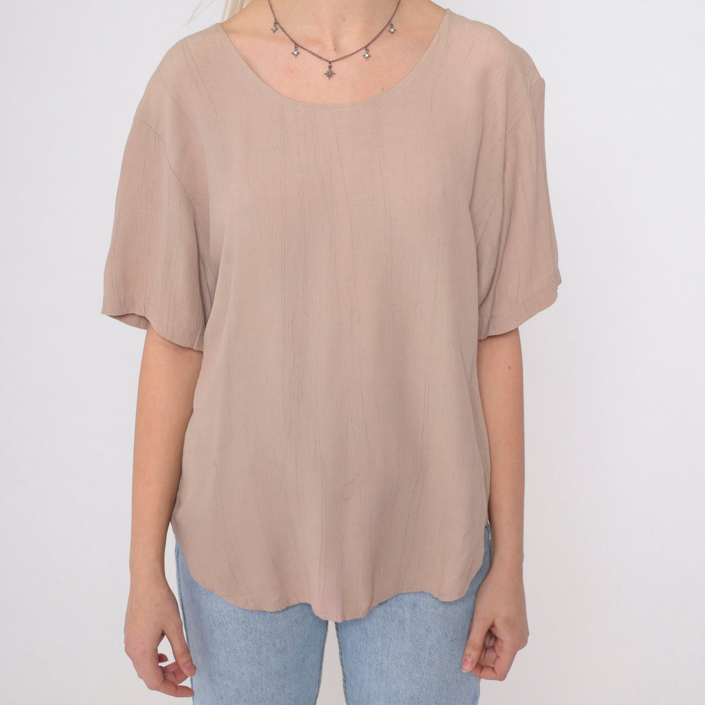90s Clio Taupe Blouse Curved Hem Short Sleeve Pullover Small