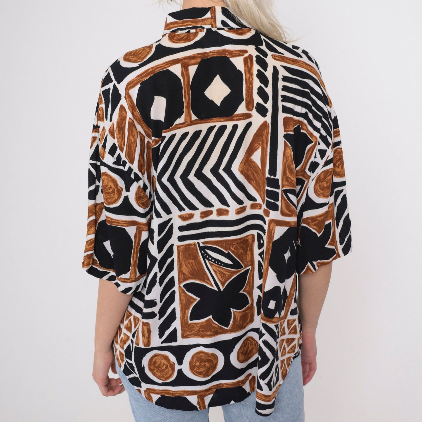 90s Kathie Lee Plus Geometric Safari Print Button Up Blouse Brown Black Extra Large XXL