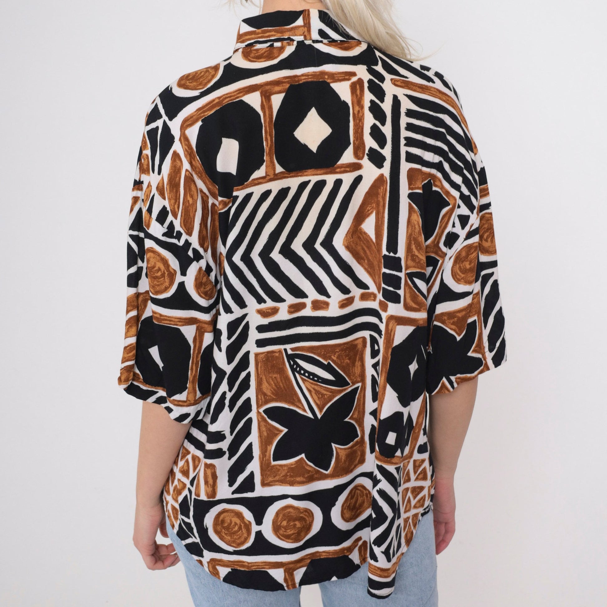 90s Kathie Lee Plus Geometric Safari Print Button Up Blouse Brown Black Extra Large XXL