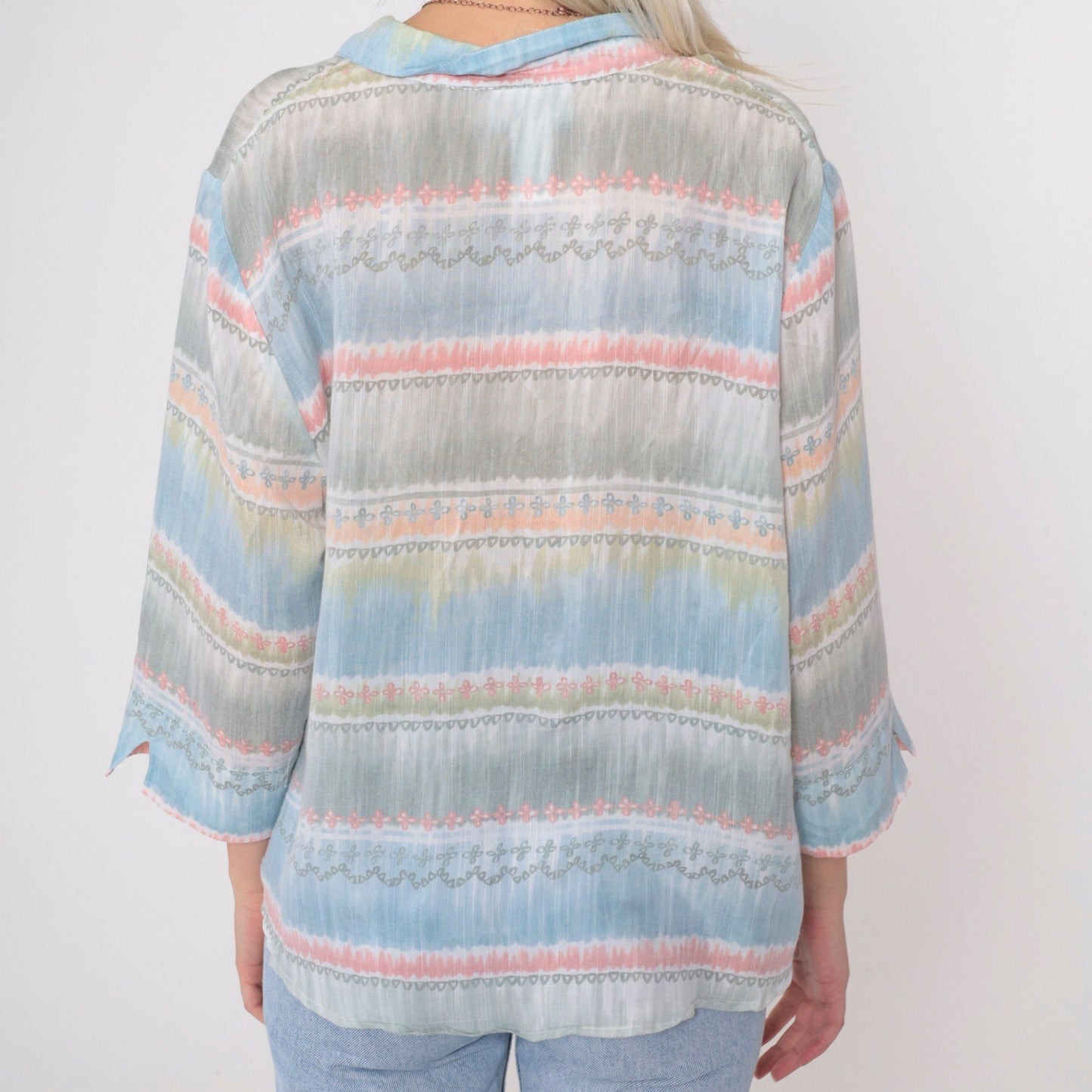 90s Alfred Dunner Striped Button-Up Blouse Muted Pastel 3/4 Sleeve Petite Large