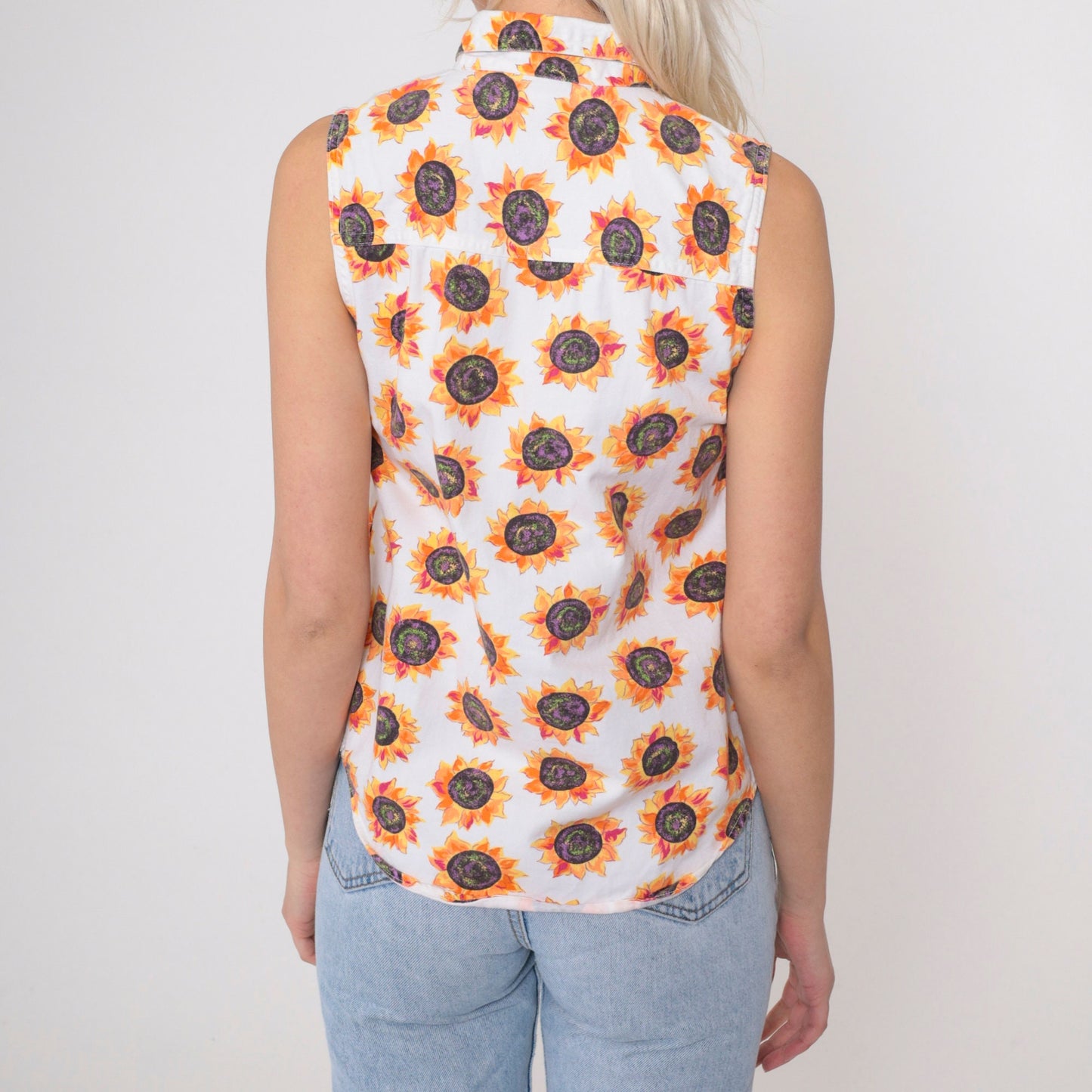 90s Sunflower Tank Top White Cotton Button-Up Sleeveless Blouse Small