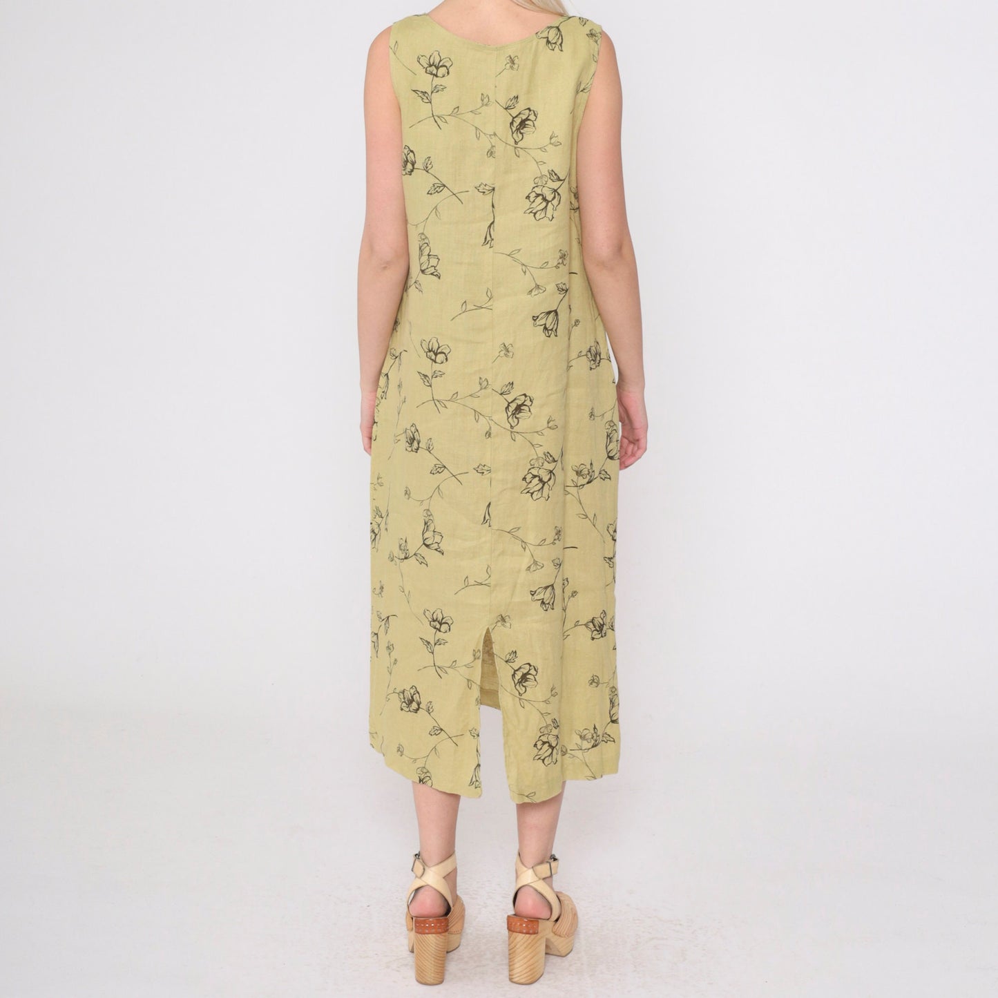 90s Style & Co. Floral Linen Midi Dress Chartreuse Sleeveless Slit Neckline Medium 10