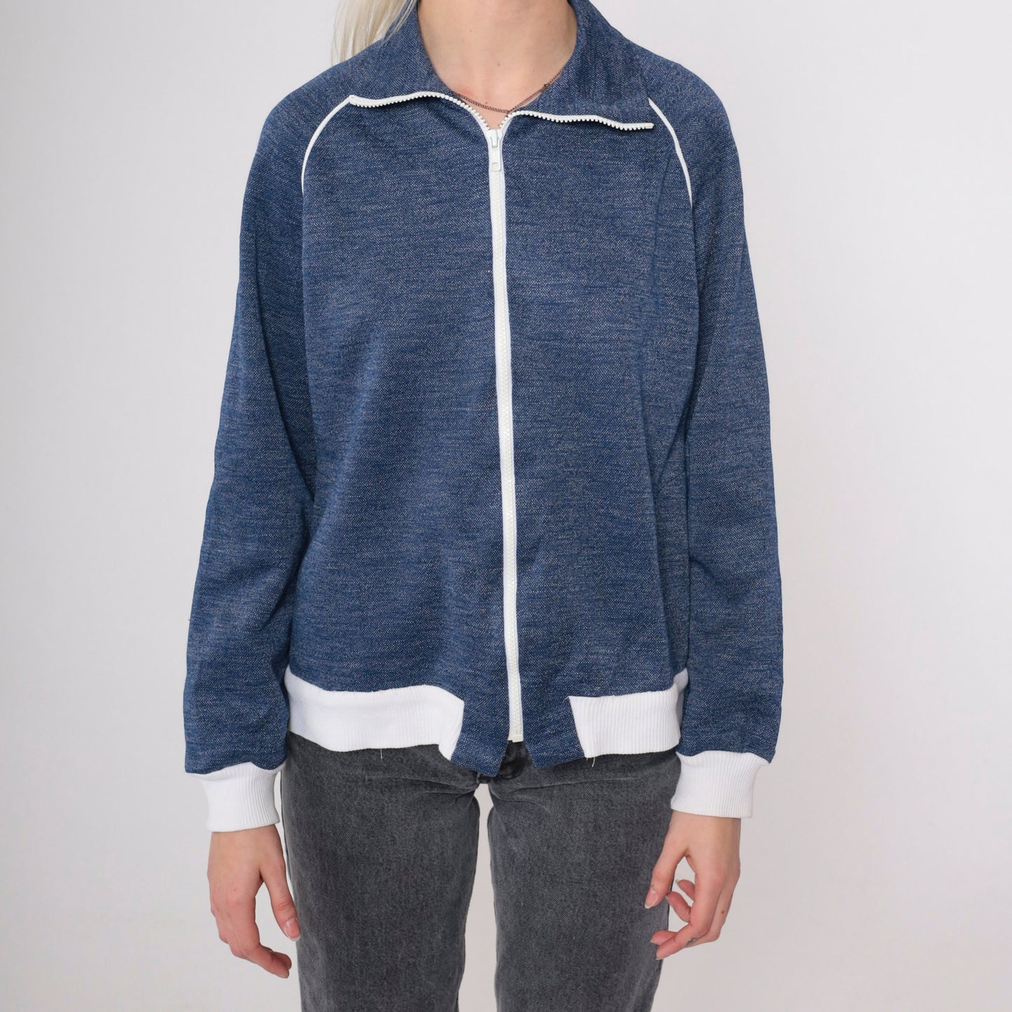 80s Heather Blue Track Jacket Zip Up Raglan Sleeve Medium