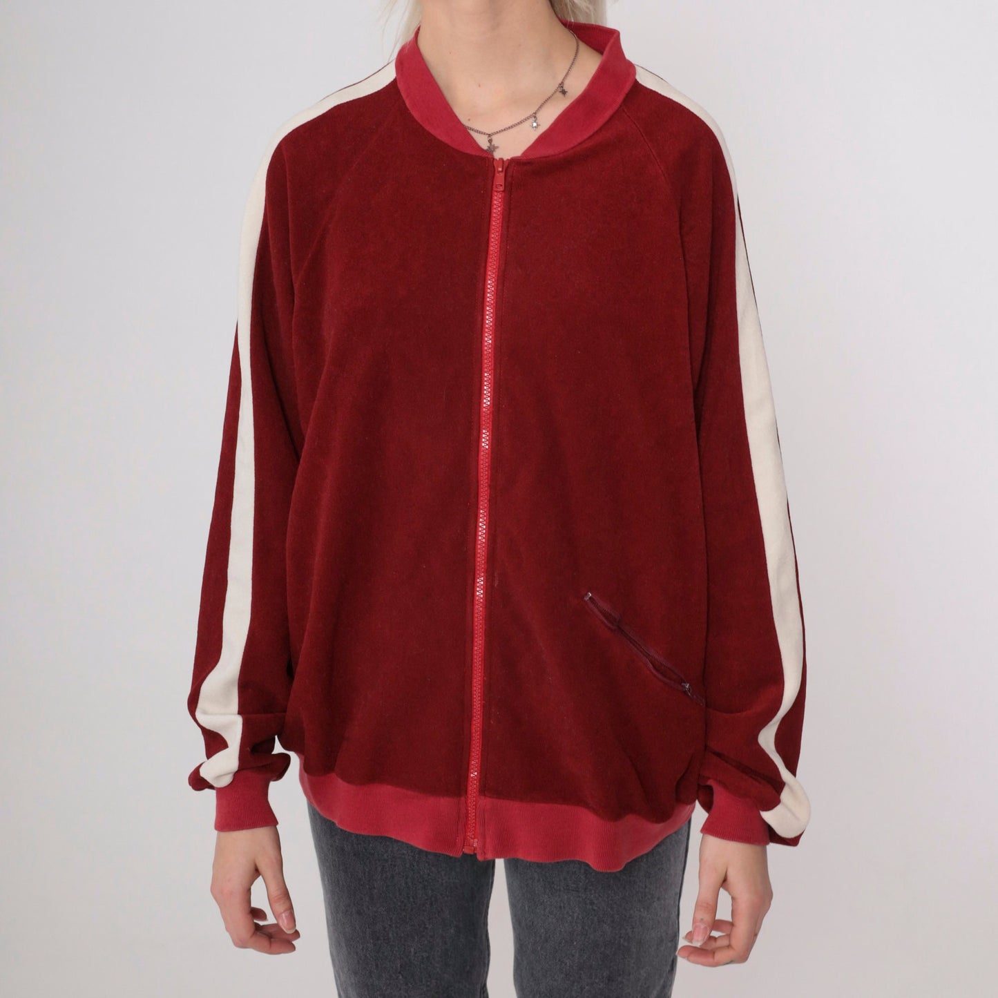 80s Lee Velour Track Jacket Burgundy Striped Zip Up Extra Large XL