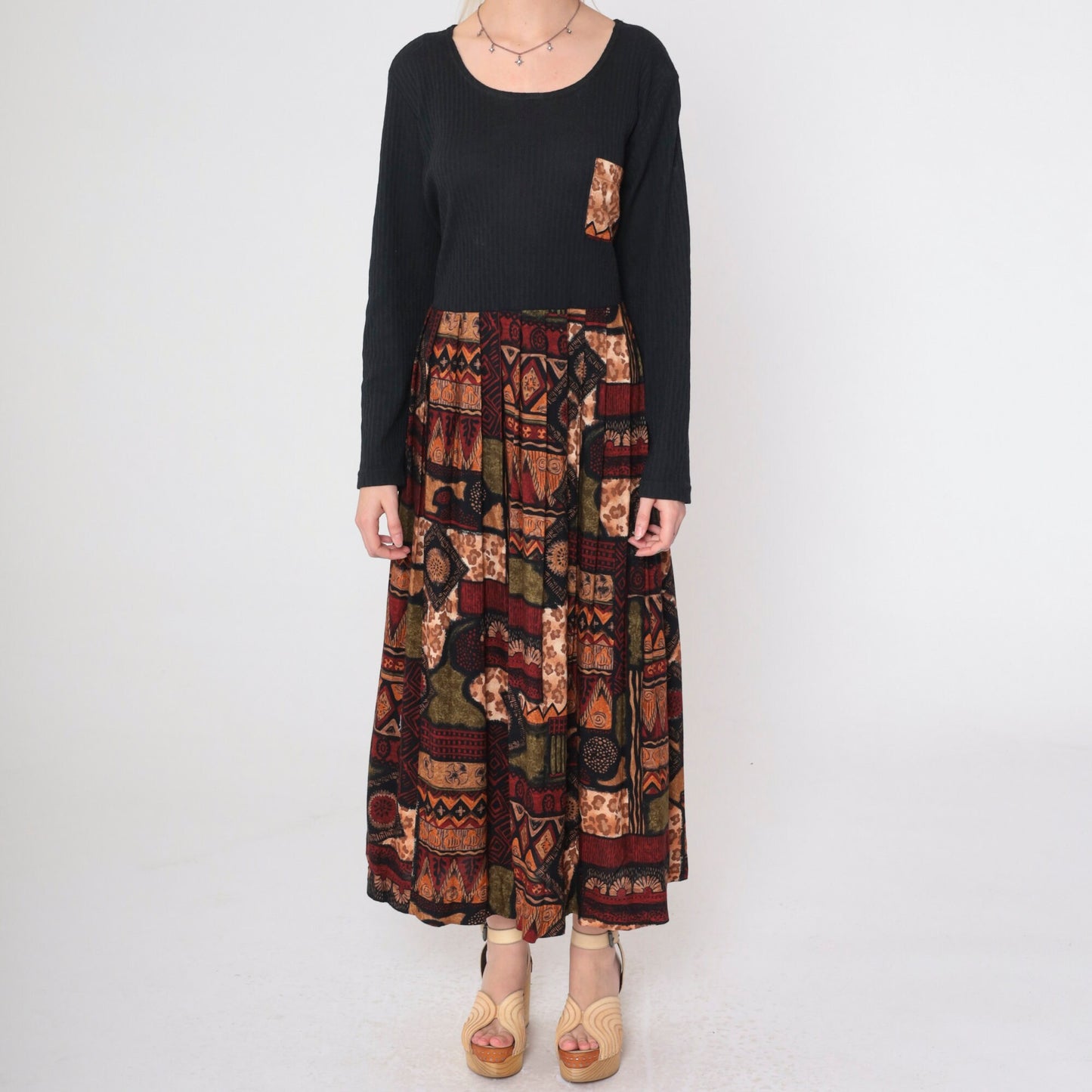 90s Diana Marco Geometric Animal Print Maxi Dress Black Long Sleeve Extra Large