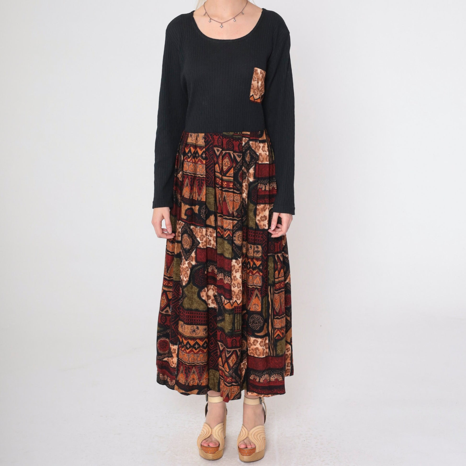 90s Diana Marco Geometric Animal Print Maxi Dress Black Long Sleeve Extra Large