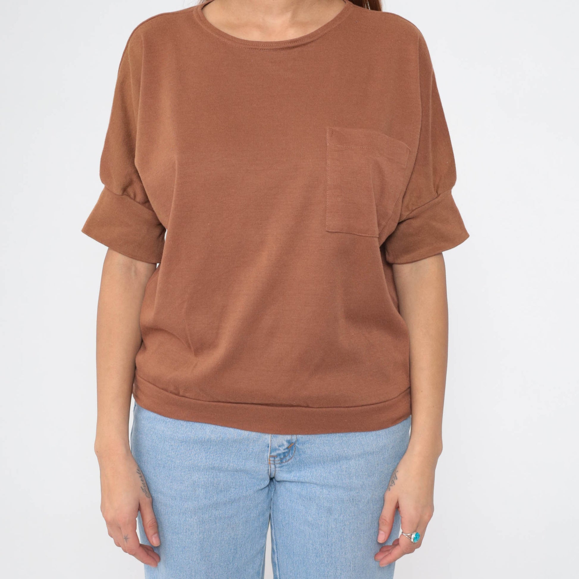 80s Brown Dolman Sleeve Pocket Tee Slouchy Crewneck Large L