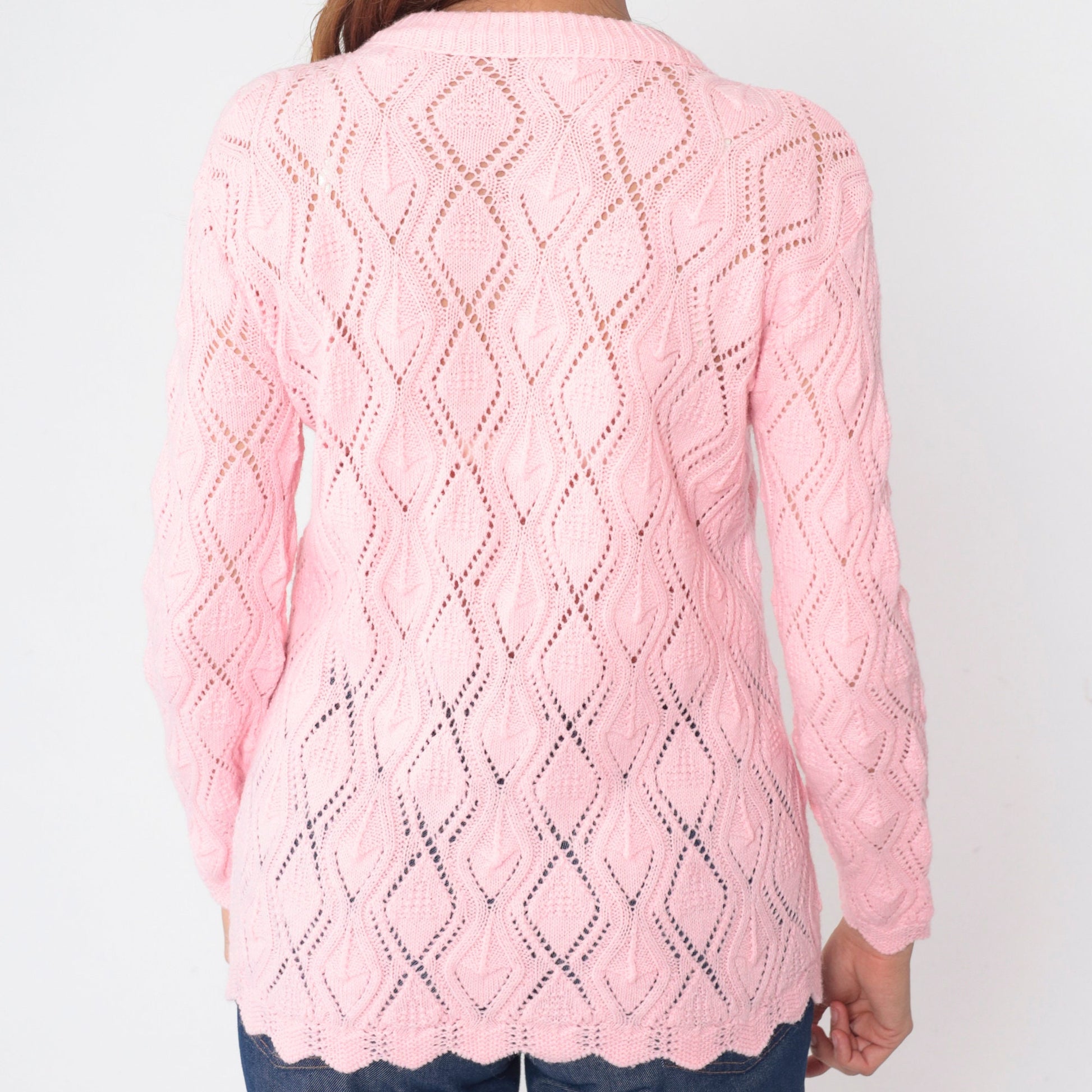 80s Baby Pink Pointelle Cardigan Button-Up Knit Sweater Scalloped Hem Medium M