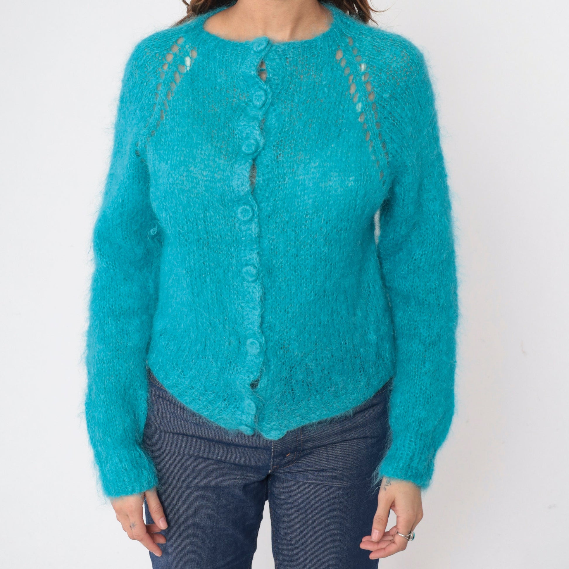 70s Blue Mohair Cardigan Cutout Raglan Sleeve Knit Sweater Medium