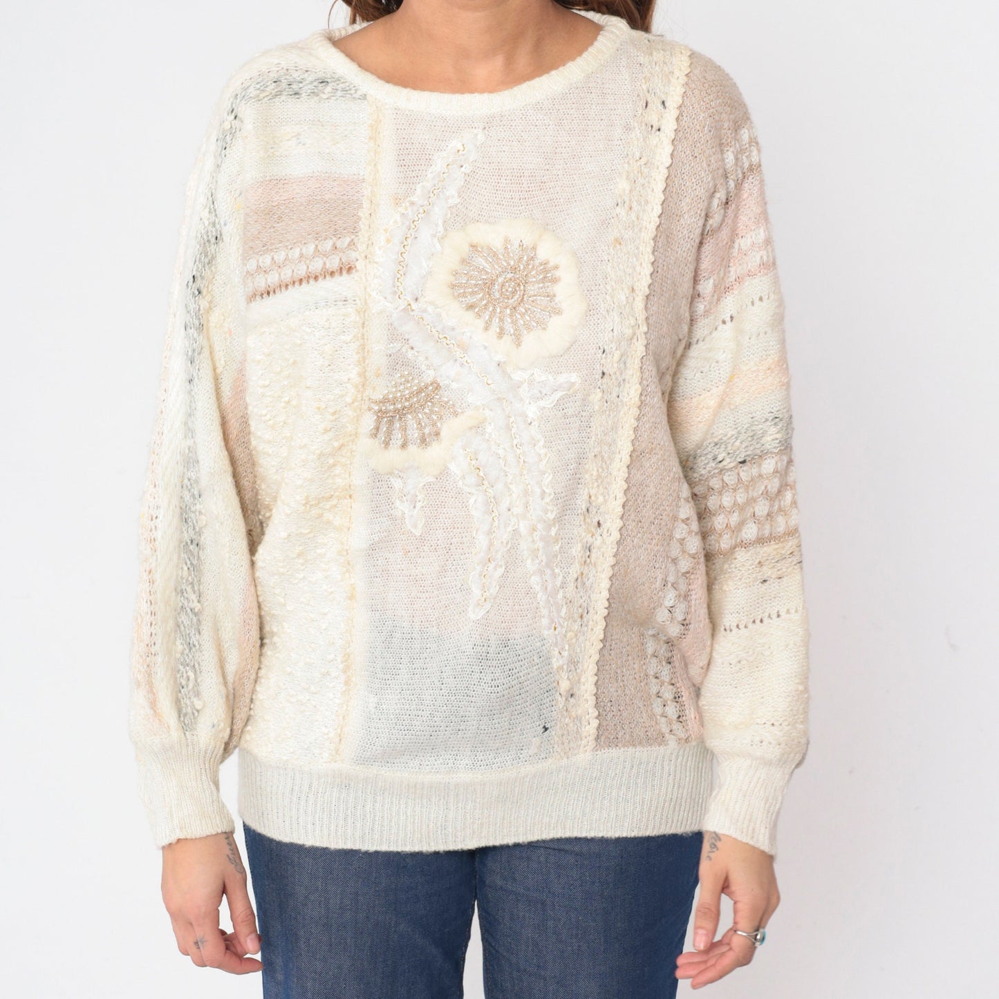 90s Mariea Kim Beaded Floral Knit Sweater Cream Mixed Media Medium